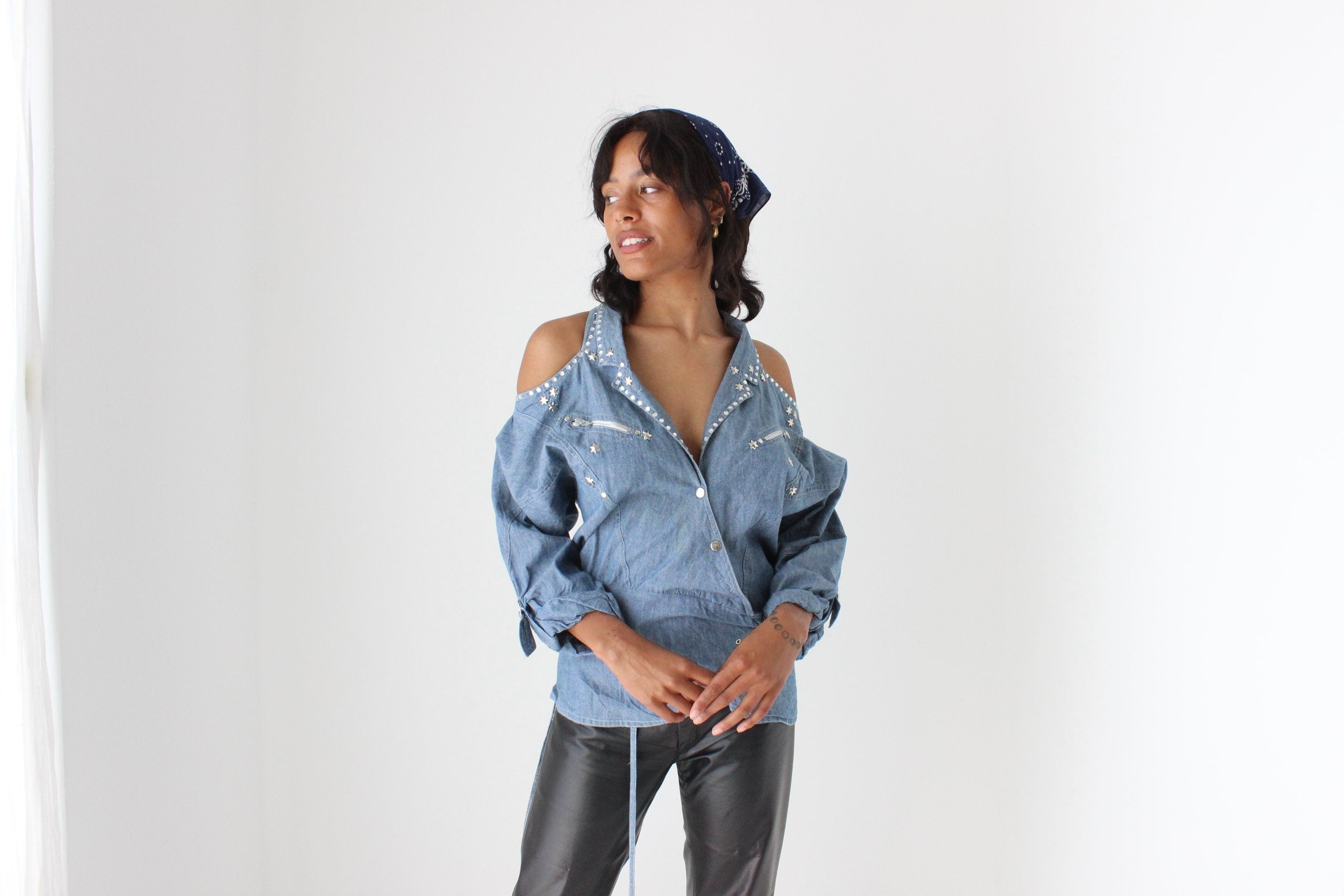 80s Denim Cowgirl Studded Cold Shoulder Wrap Top