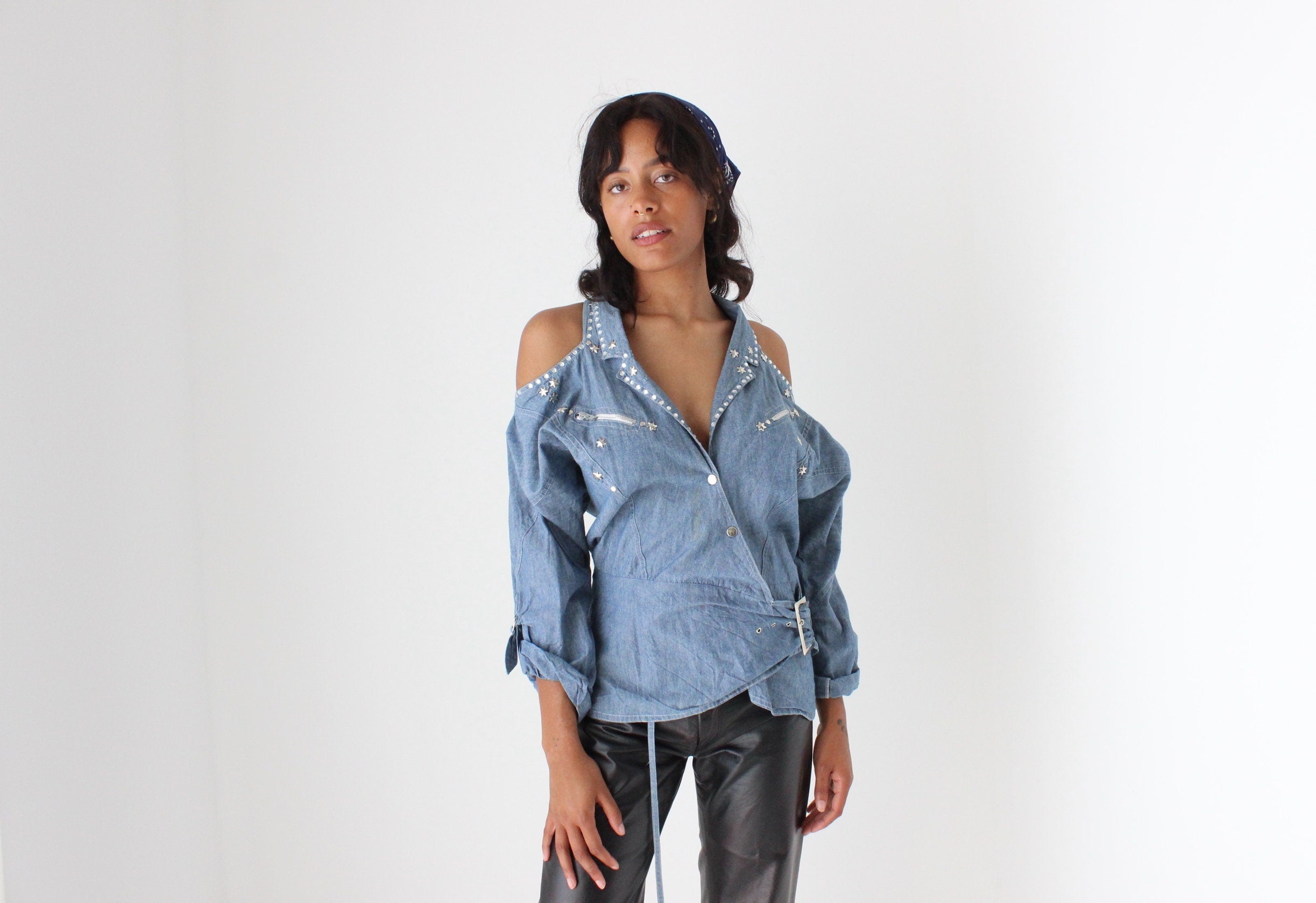 80s Denim Cowgirl Studded Cold Shoulder Wrap Top