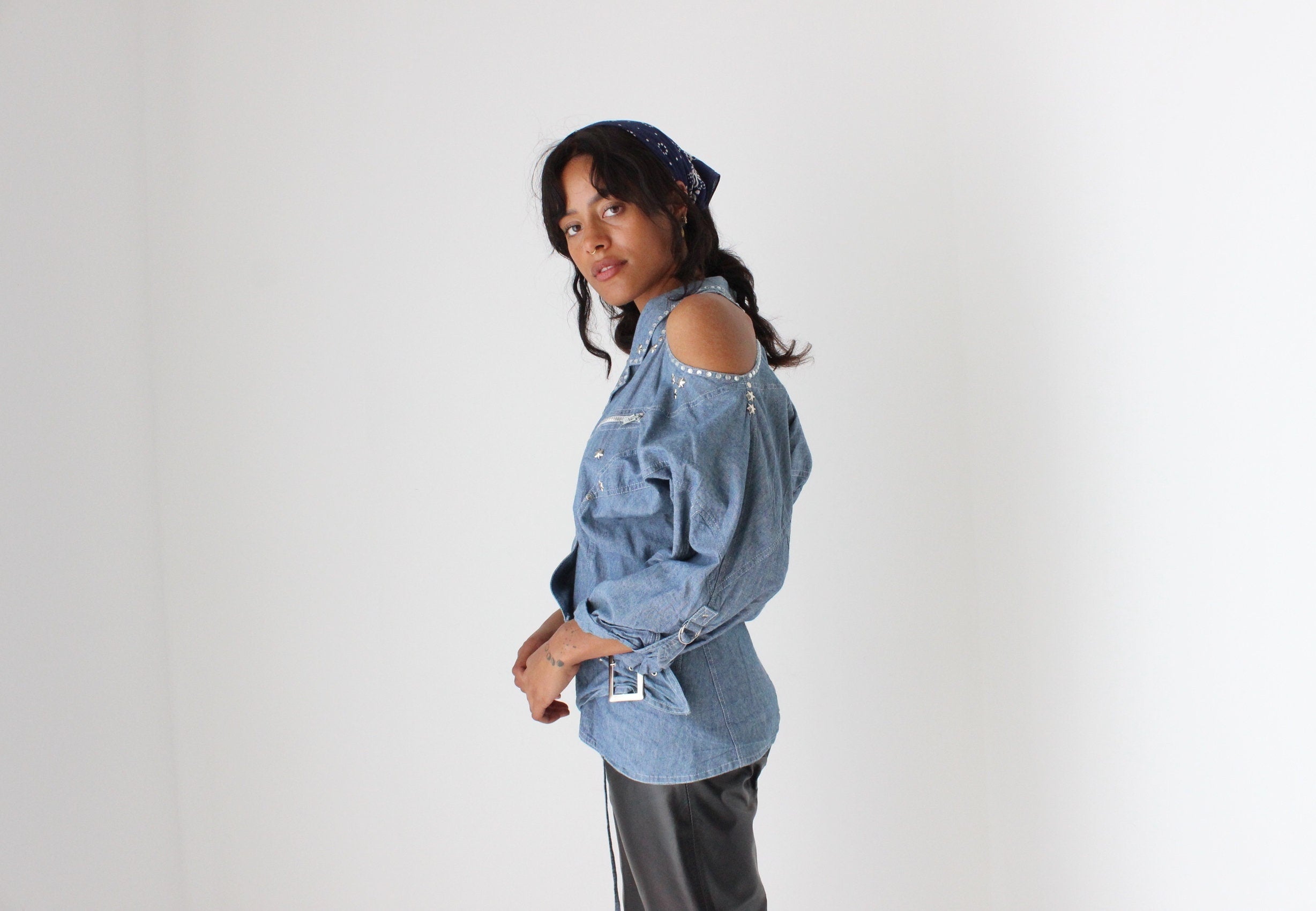 80s Denim Cowgirl Studded Cold Shoulder Wrap Top