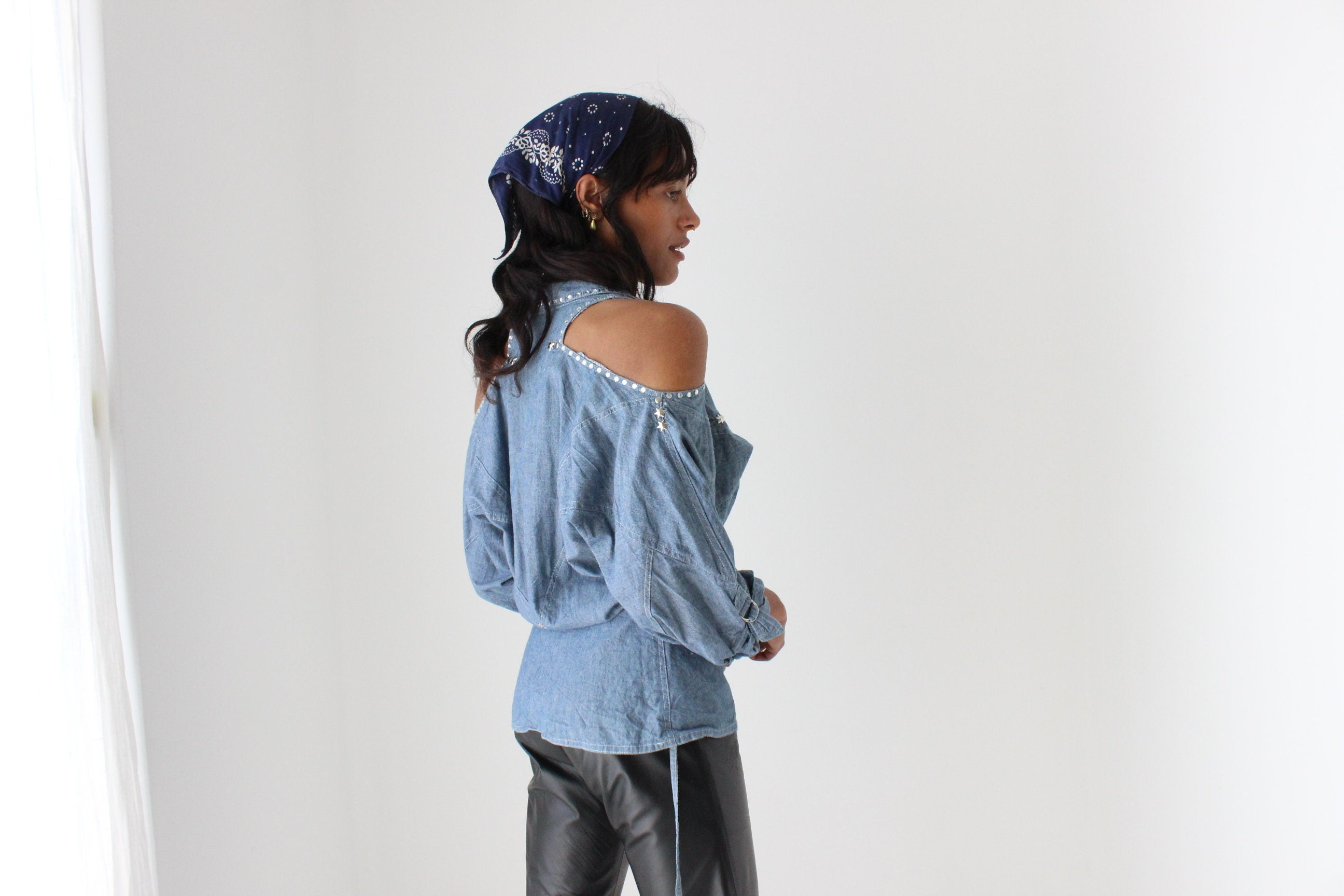 80s Denim Cowgirl Studded Cold Shoulder Wrap Top