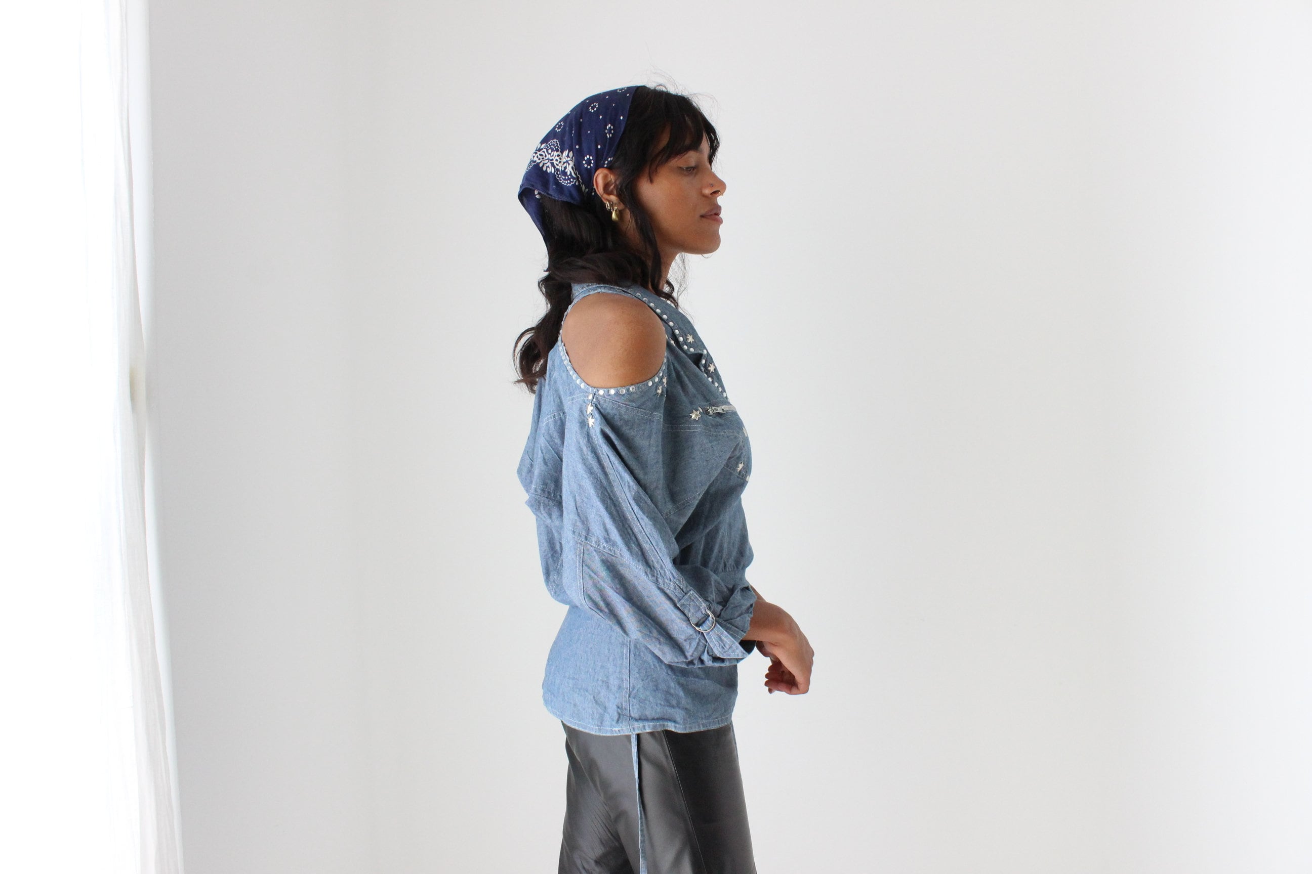 80s Denim Cowgirl Studded Cold Shoulder Wrap Top