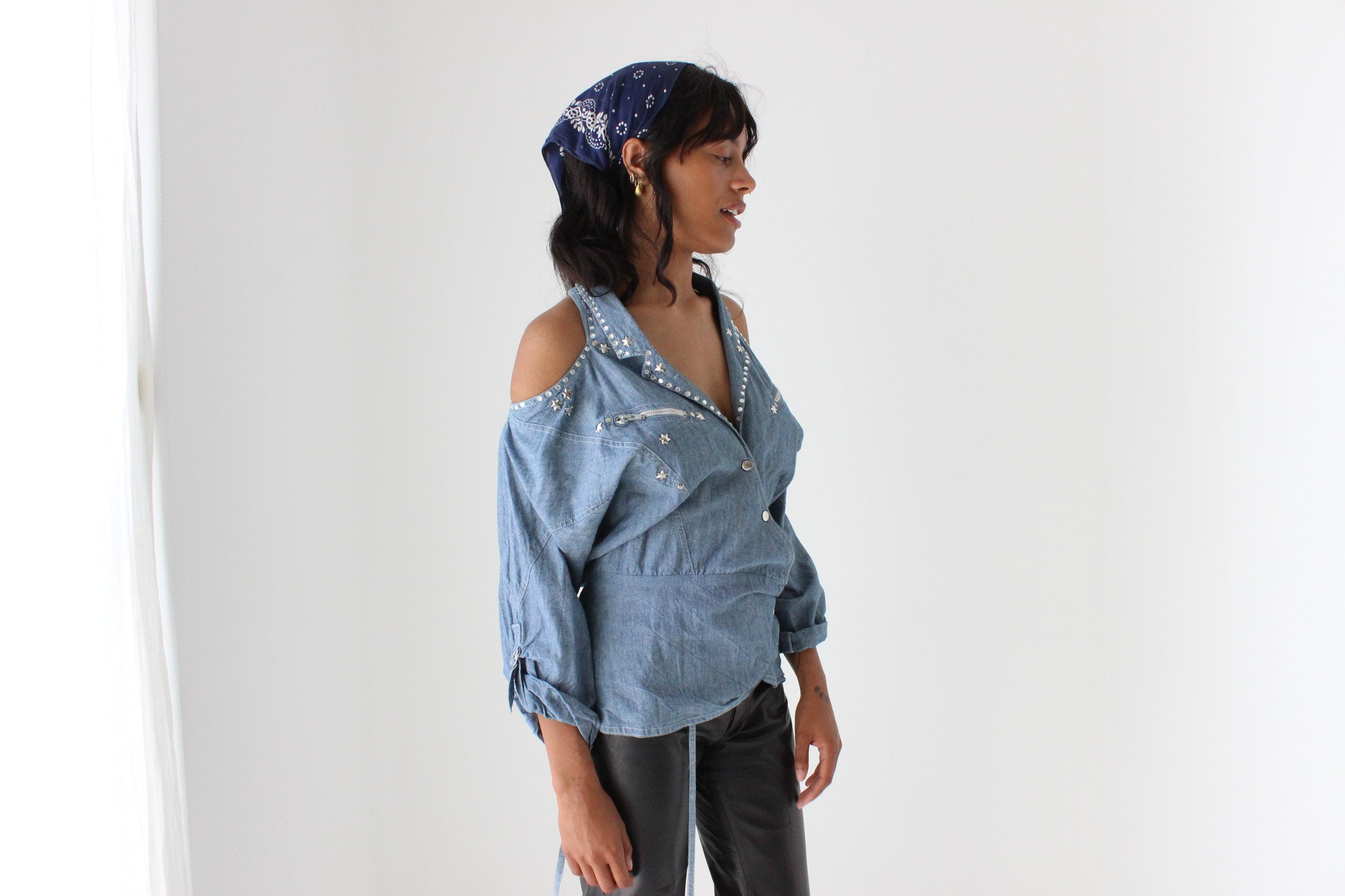80s Denim Cowgirl Studded Cold Shoulder Wrap Top