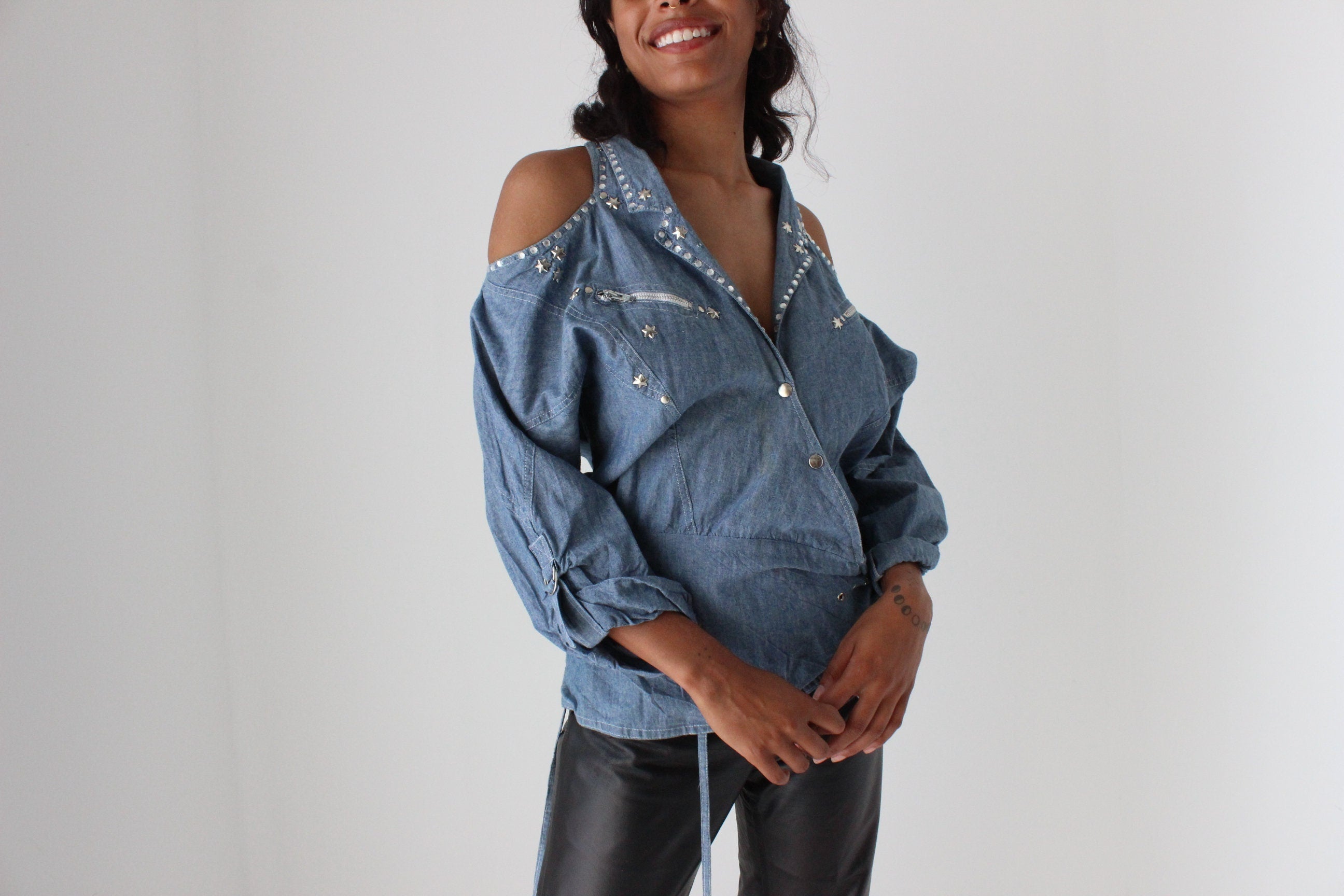 80s Denim Cowgirl Studded Cold Shoulder Wrap Top
