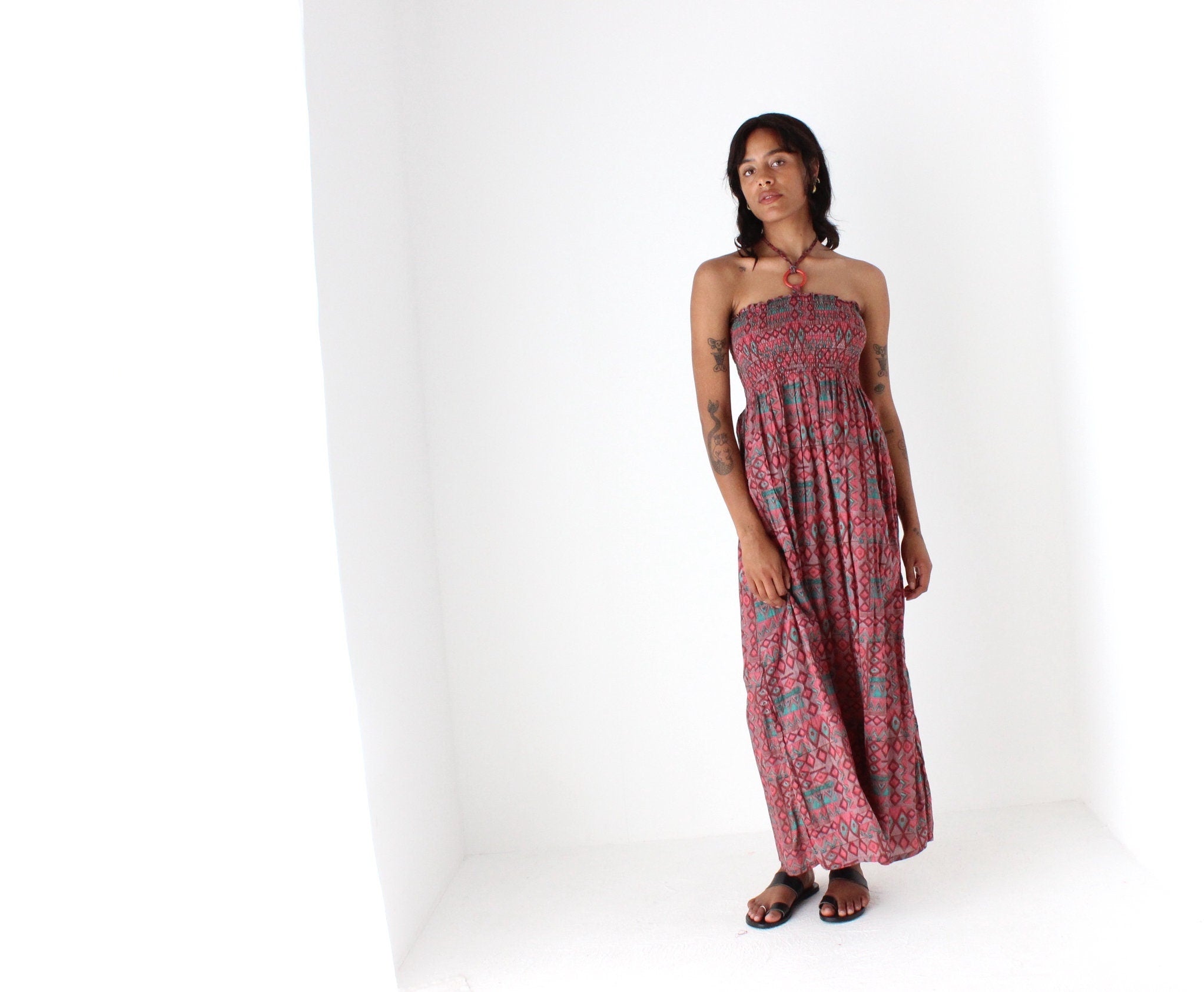 2000s Printed Cotton O-Ring Halter Dress