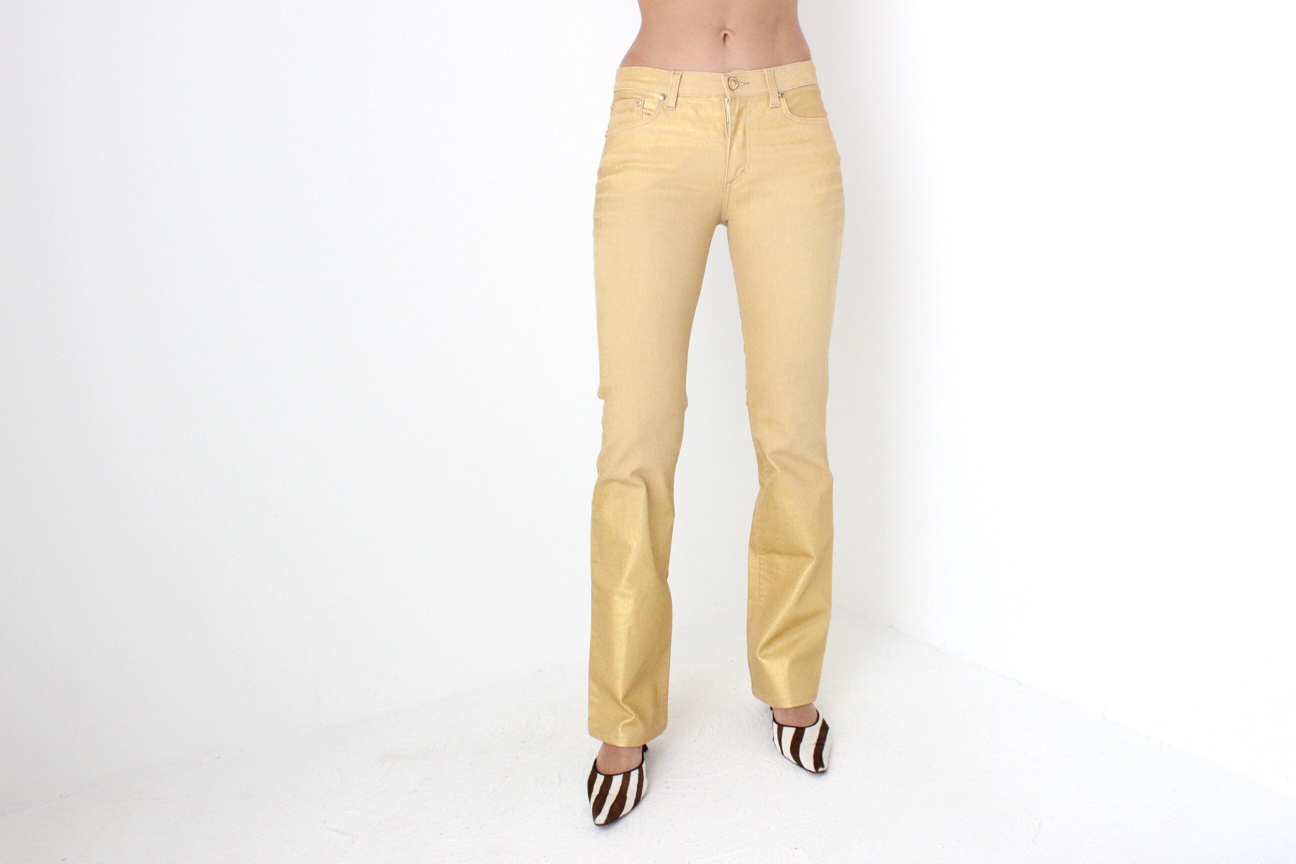 Y2K Roberto Cavalli Sprayed Metallic Leather-Look Gold Jeans