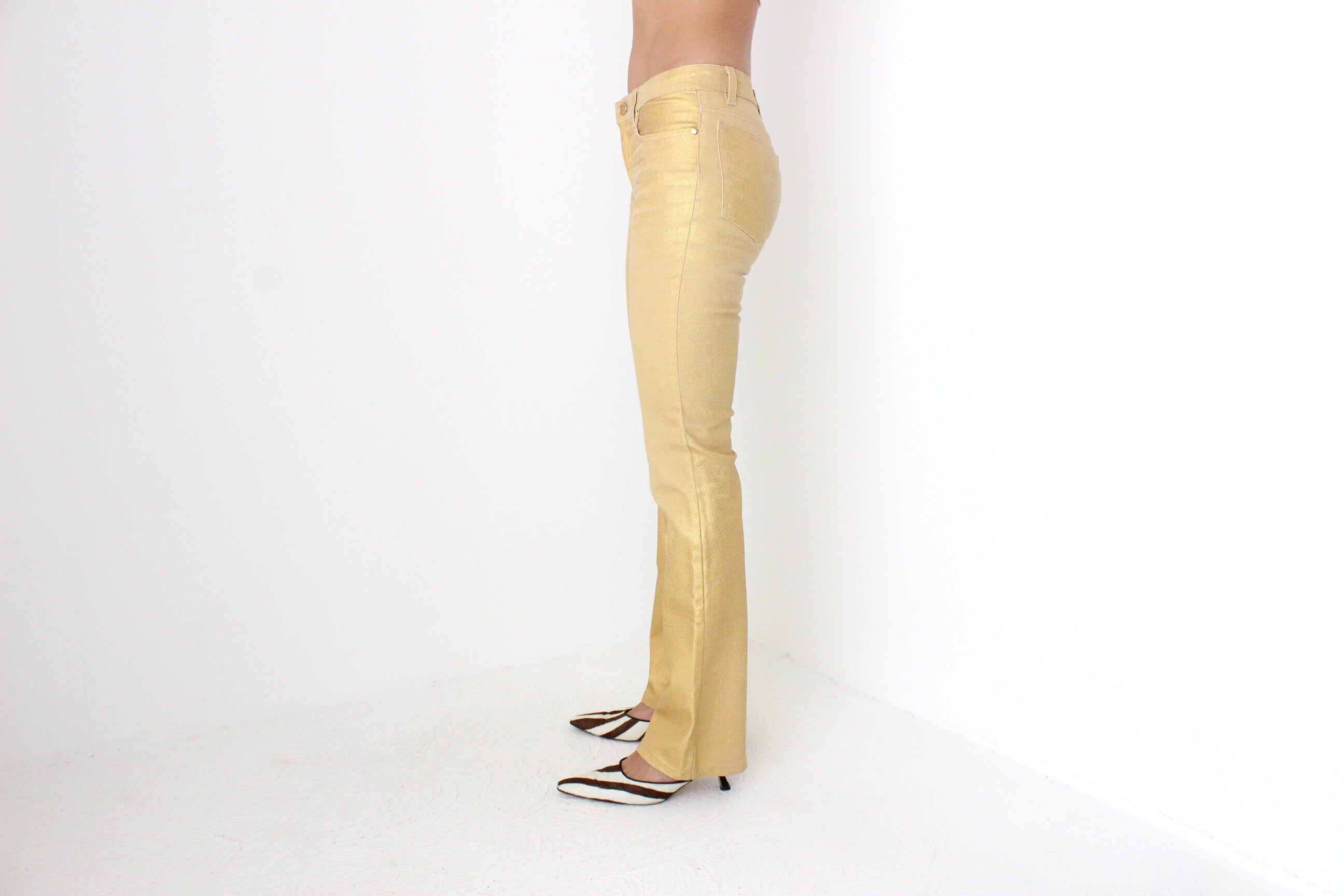 Y2K Roberto Cavalli Sprayed Metallic Leather-Look Gold Jeans