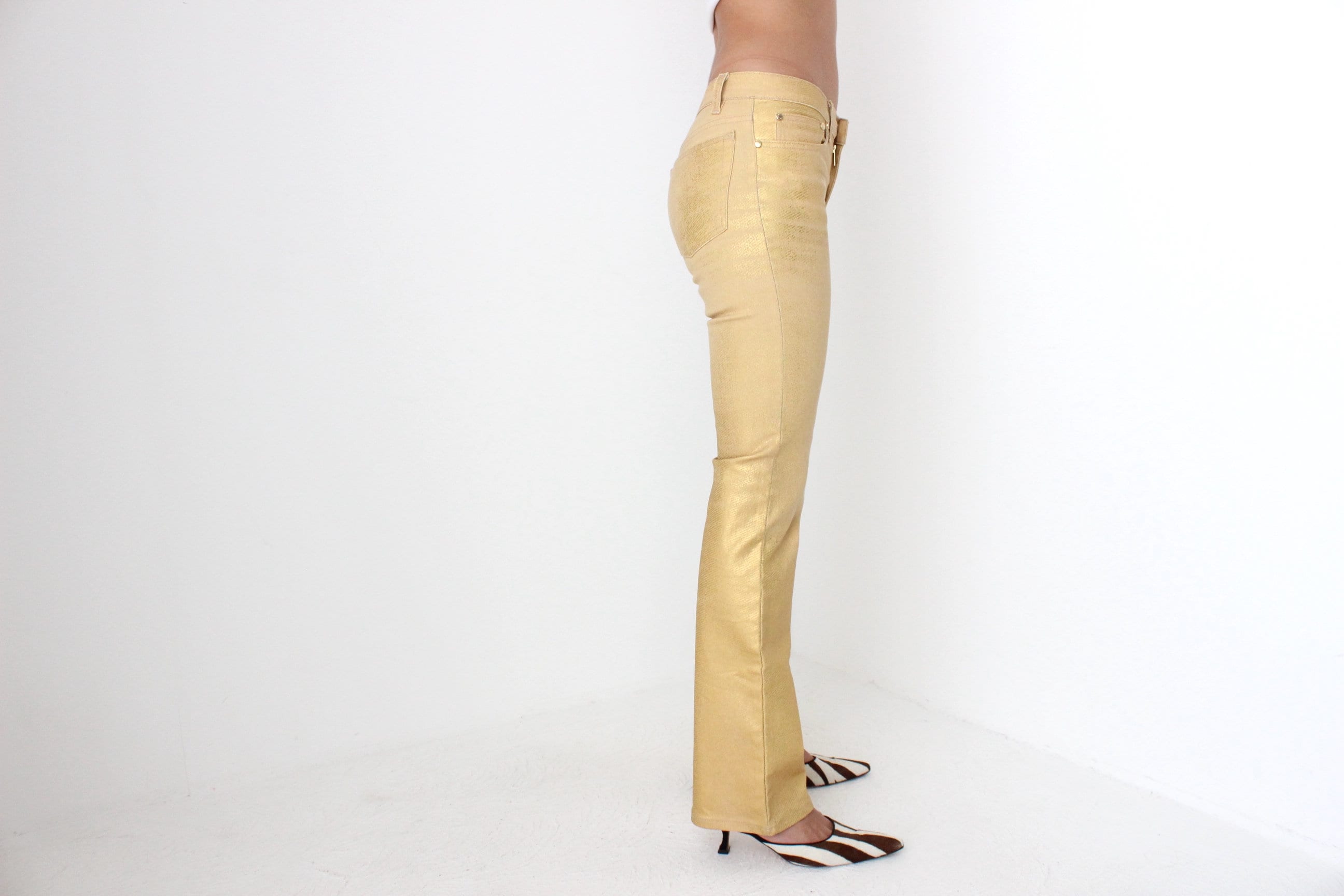 Y2K Roberto Cavalli Sprayed Metallic Leather-Look Gold Jeans