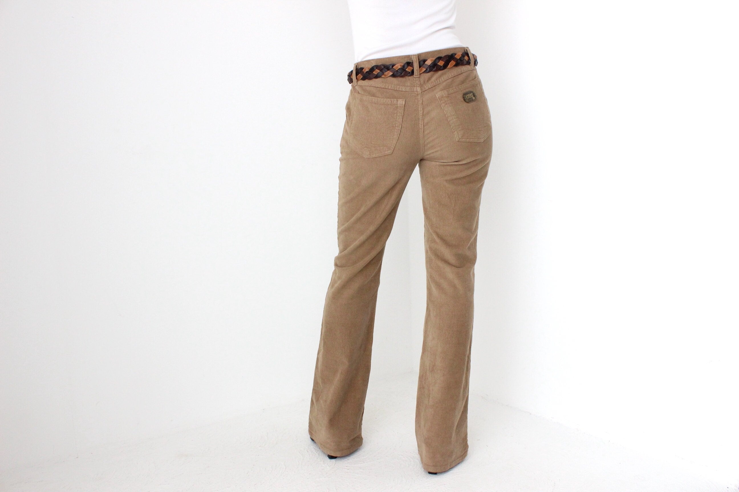 D&G Dolce and Gabbana Y2K Caramel Corduroy Flared Jeans w/ Woven Leather Belt