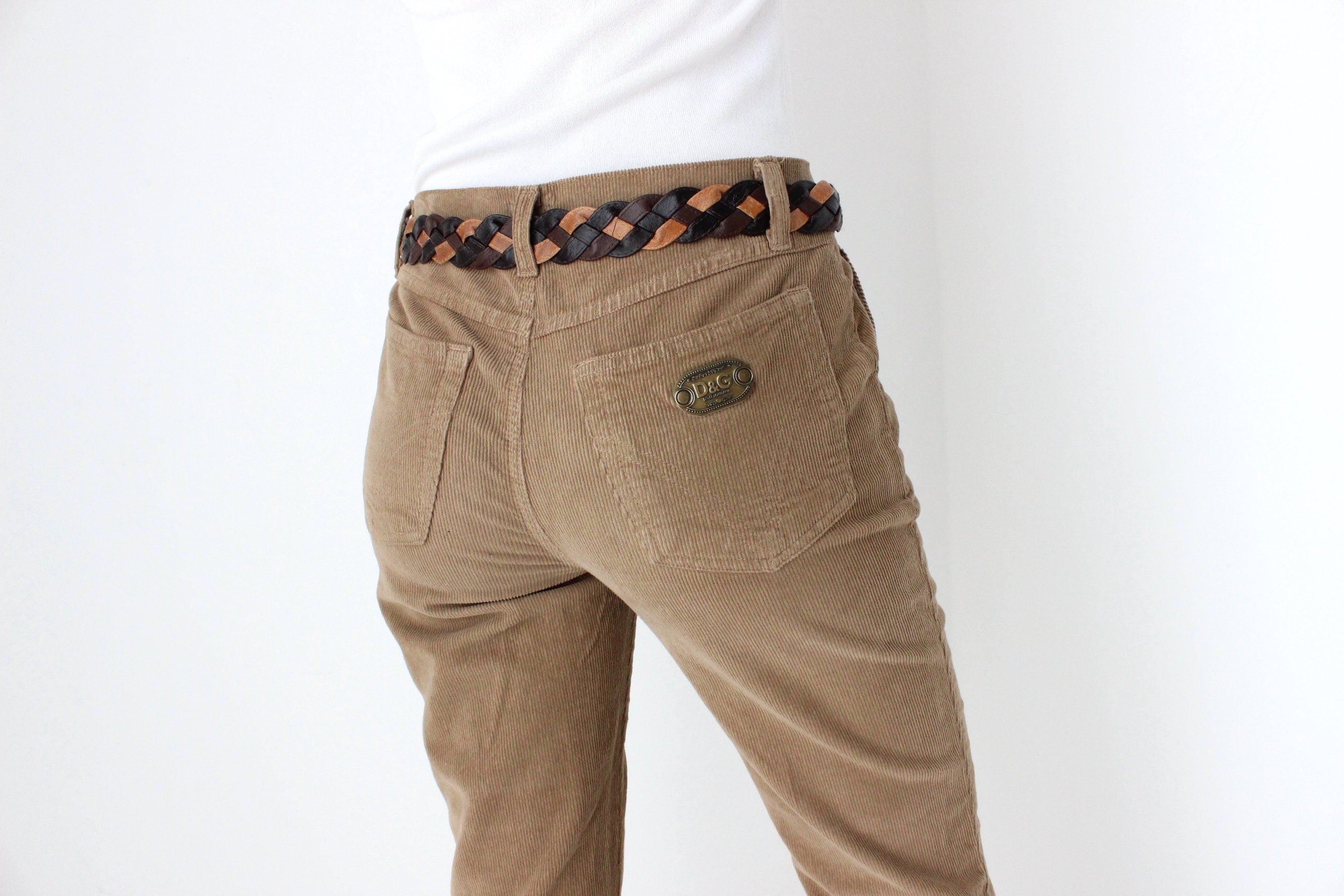 D&G Dolce and Gabbana Y2K Caramel Corduroy Flared Jeans w/ Woven Leather Belt