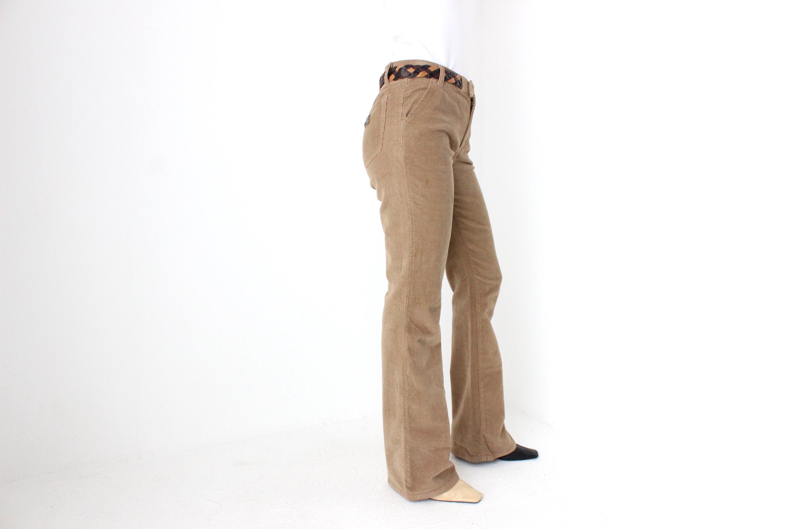 D&G Dolce and Gabbana Y2K Caramel Corduroy Flared Jeans w/ Woven Leather Belt