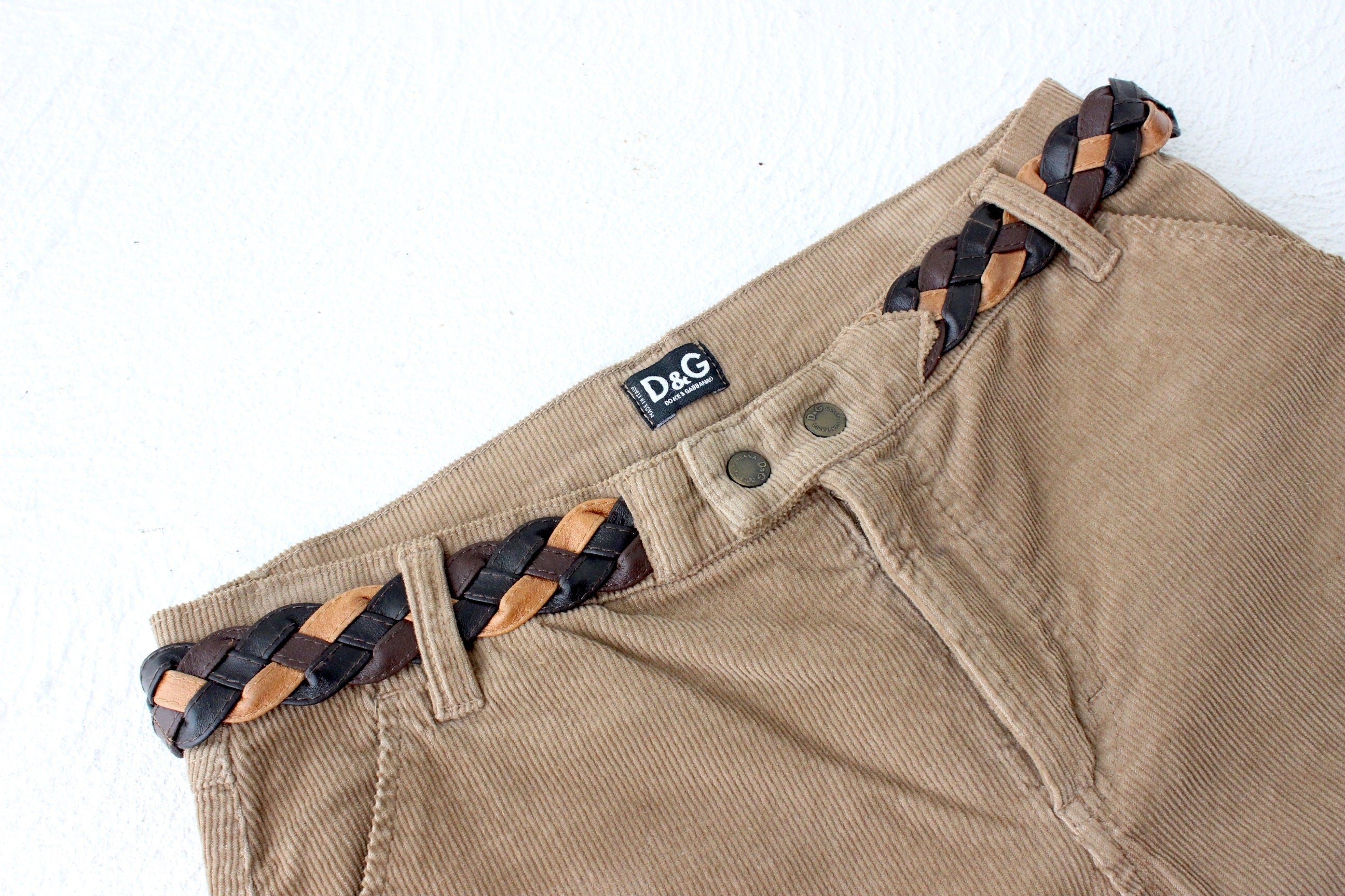 D&G Dolce and Gabbana Y2K Caramel Corduroy Flared Jeans w/ Woven Leather Belt