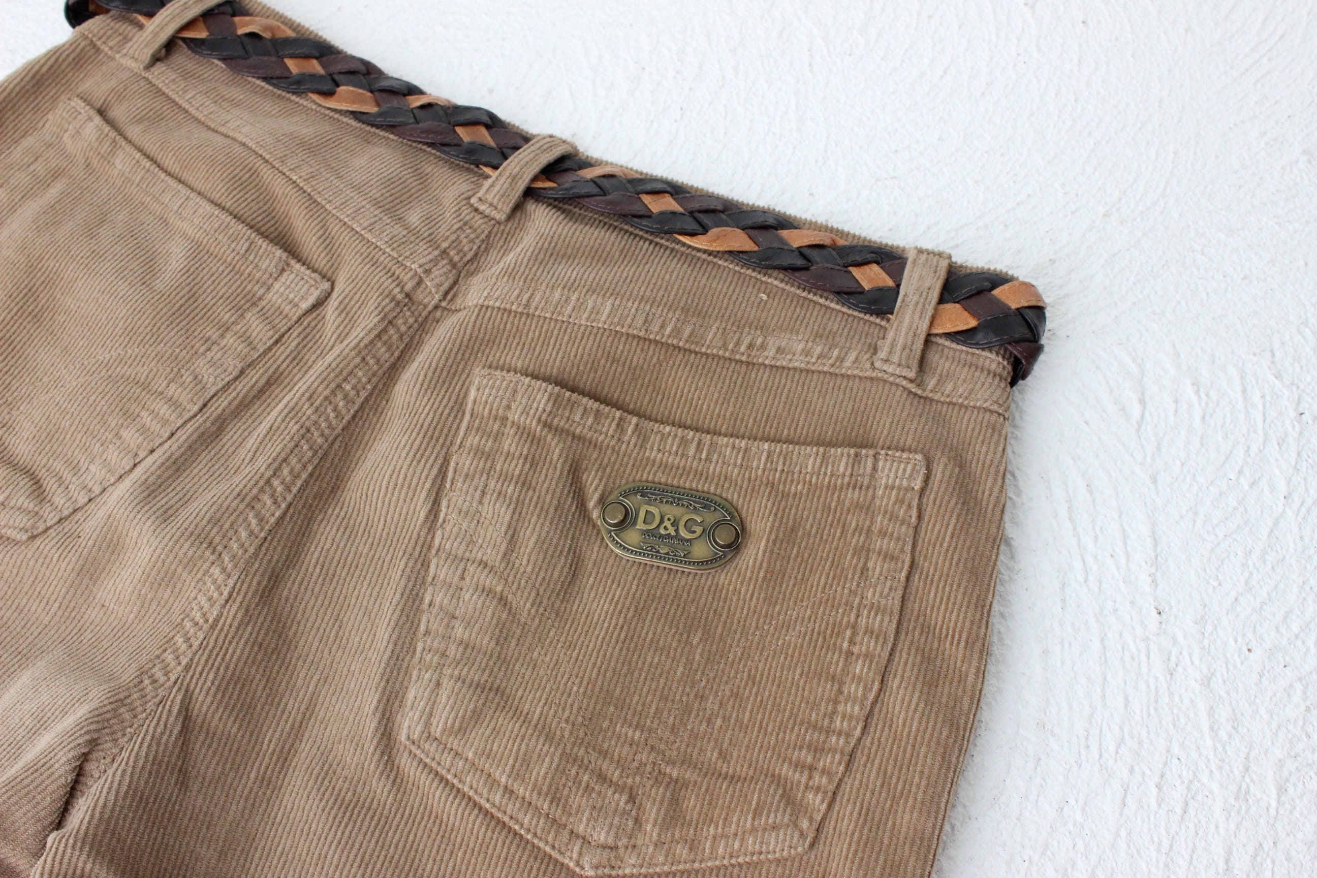 D&G Dolce and Gabbana Y2K Caramel Corduroy Flared Jeans w/ Woven Leather Belt