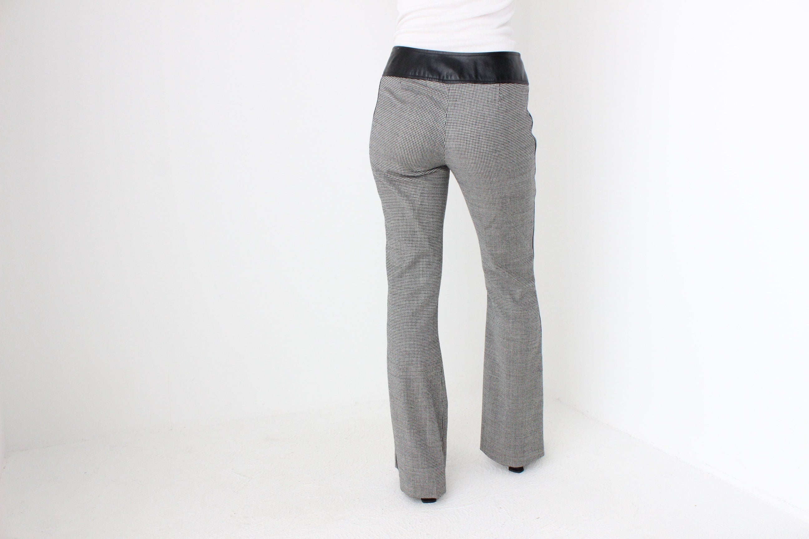 Y2K D&G Wool Houndstooth + Leather Low Rise Bootcut Flares