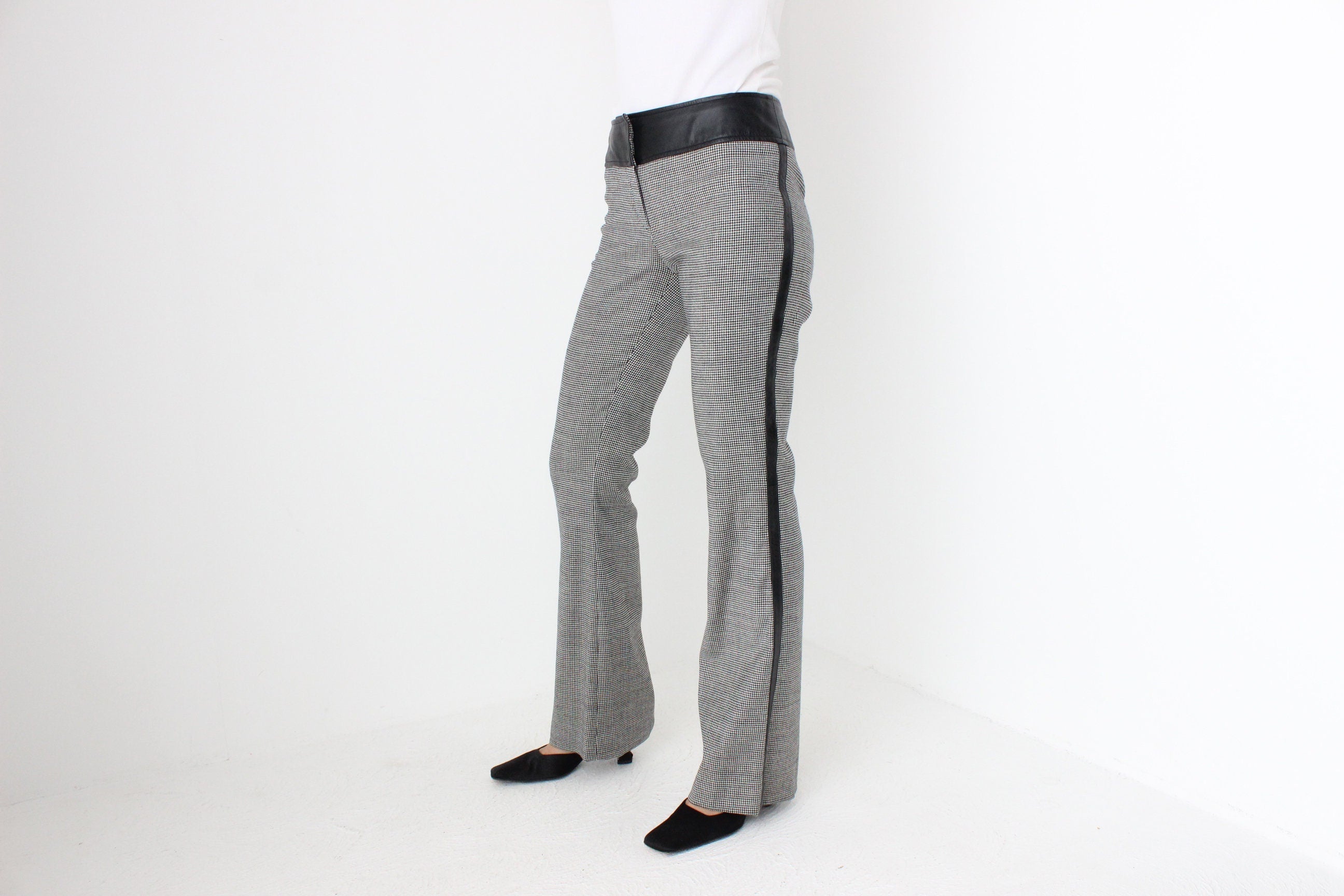 Y2K D&G Wool Houndstooth + Leather Low Rise Bootcut Flares