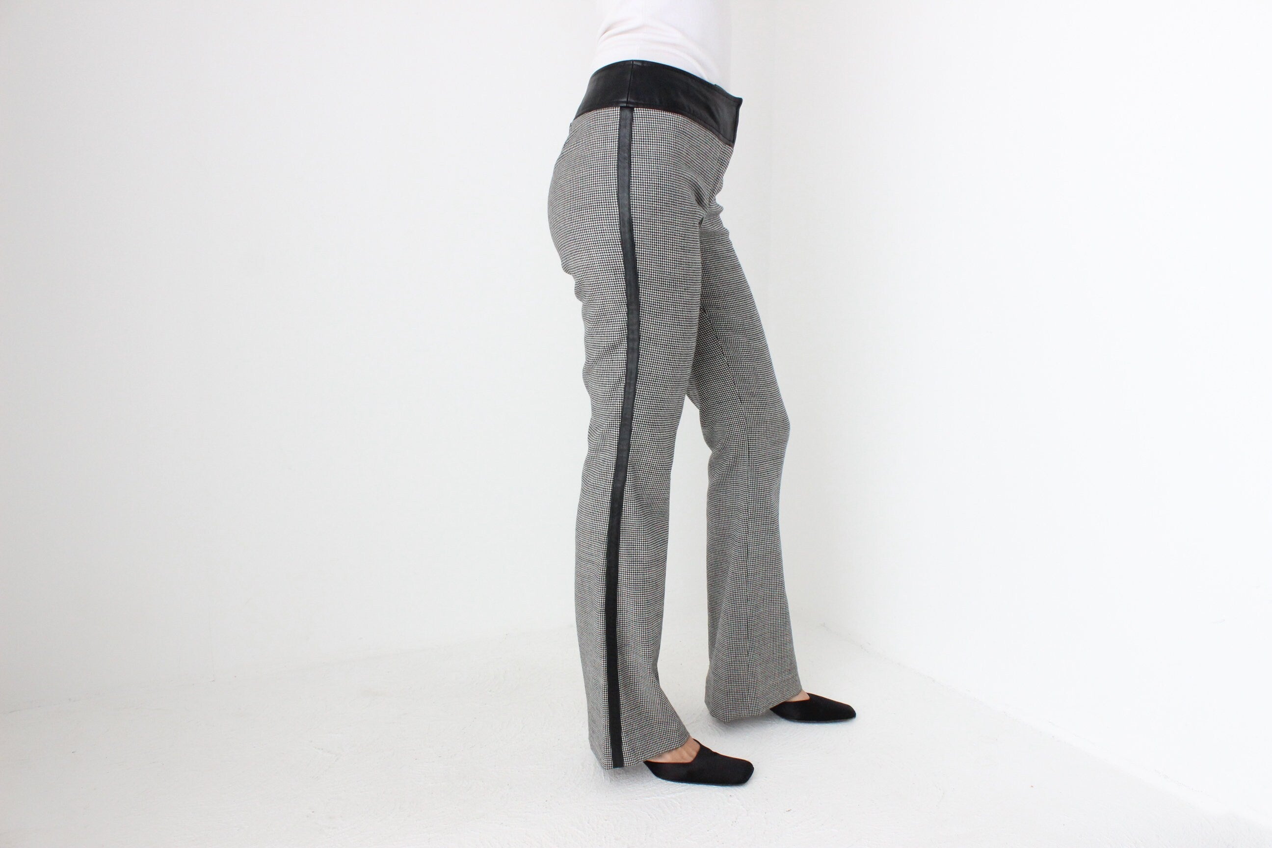 Y2K D&G Wool Houndstooth + Leather Low Rise Bootcut Flares