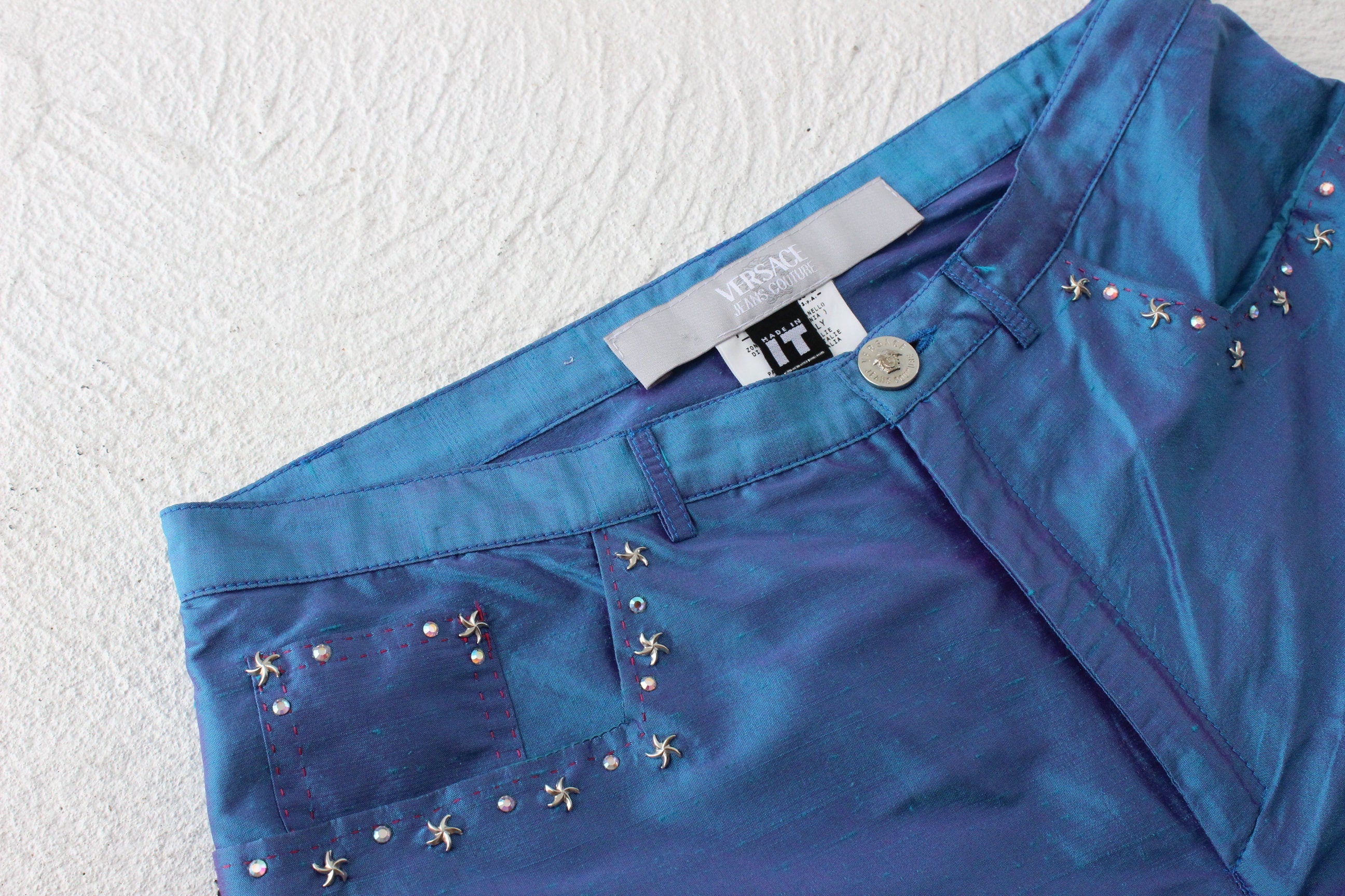 Donatella Versace 2000 Collection Raw Silk Holographic Jeans
