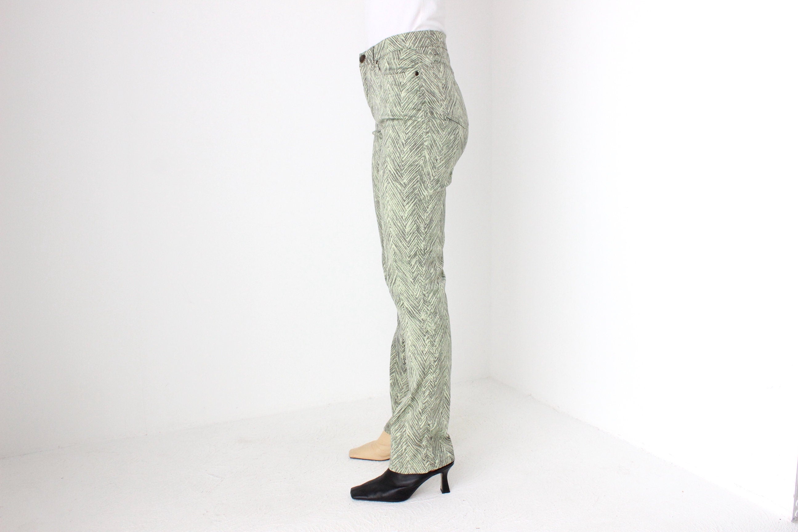 Y2K Roberto Cavalli "Cavalli Jeans" Lime Tiger Synthetic Bootcut Club Pants