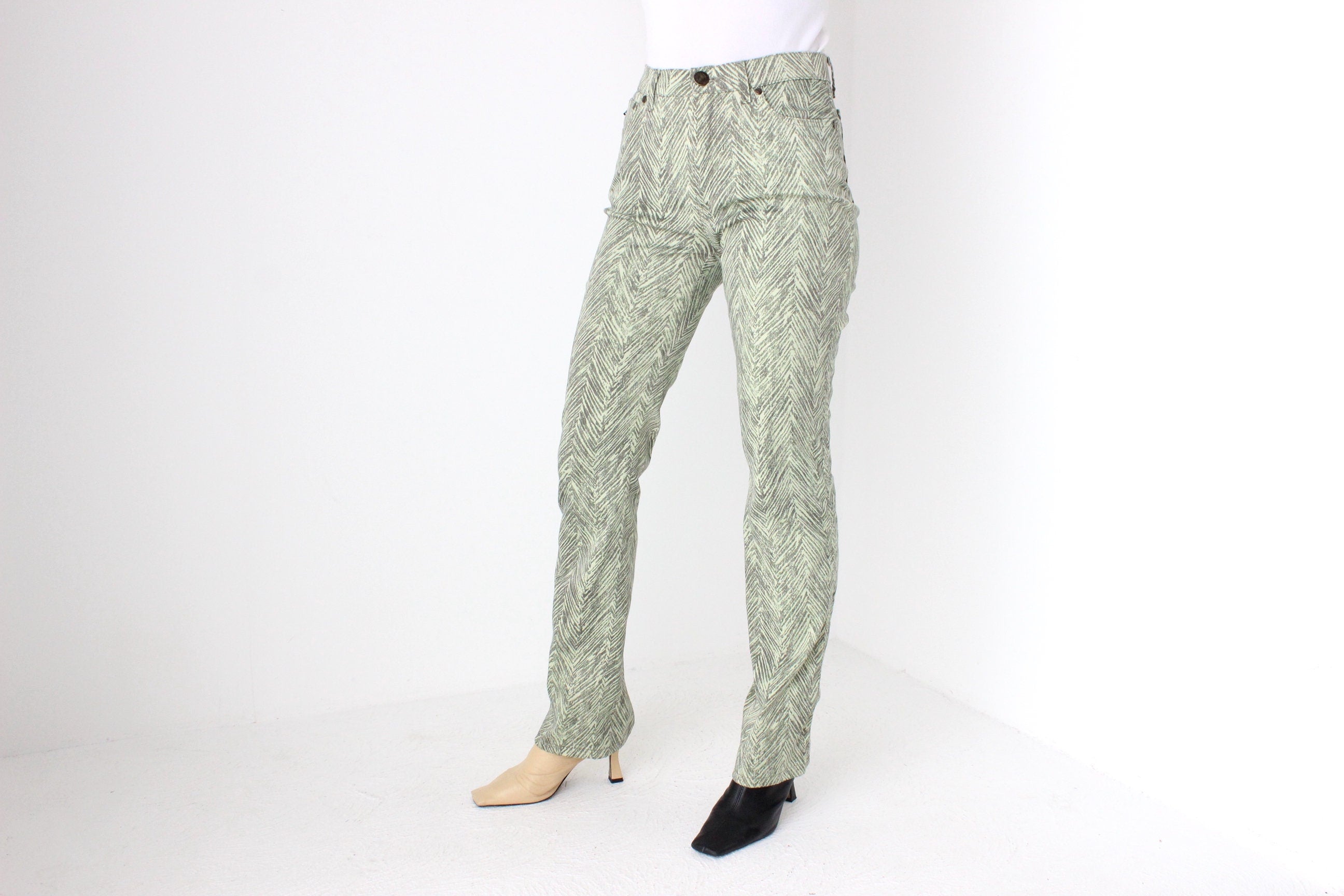 Y2K Roberto Cavalli "Cavalli Jeans" Lime Tiger Synthetic Bootcut Club Pants