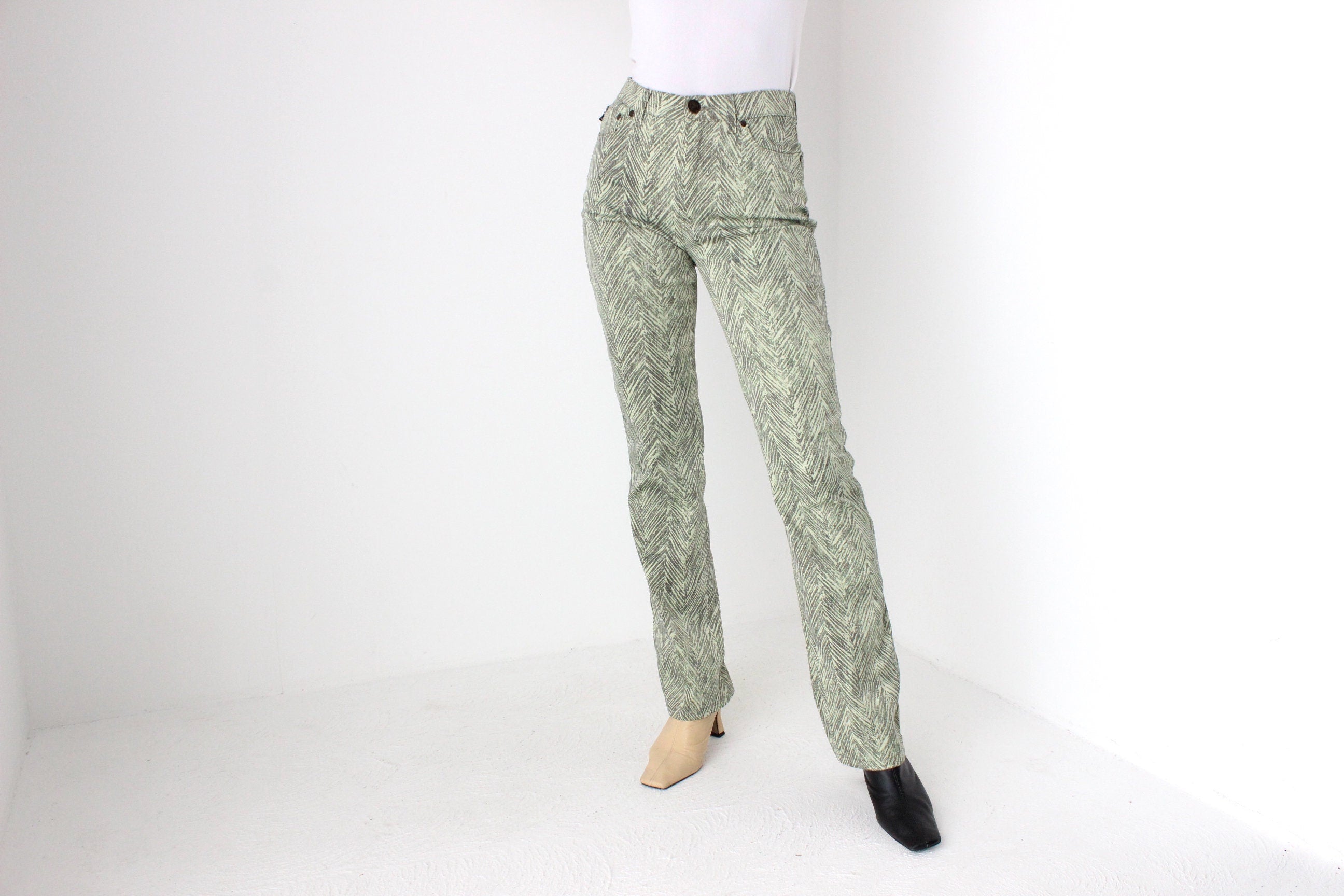 Y2K Roberto Cavalli "Cavalli Jeans" Lime Tiger Synthetic Bootcut Club Pants