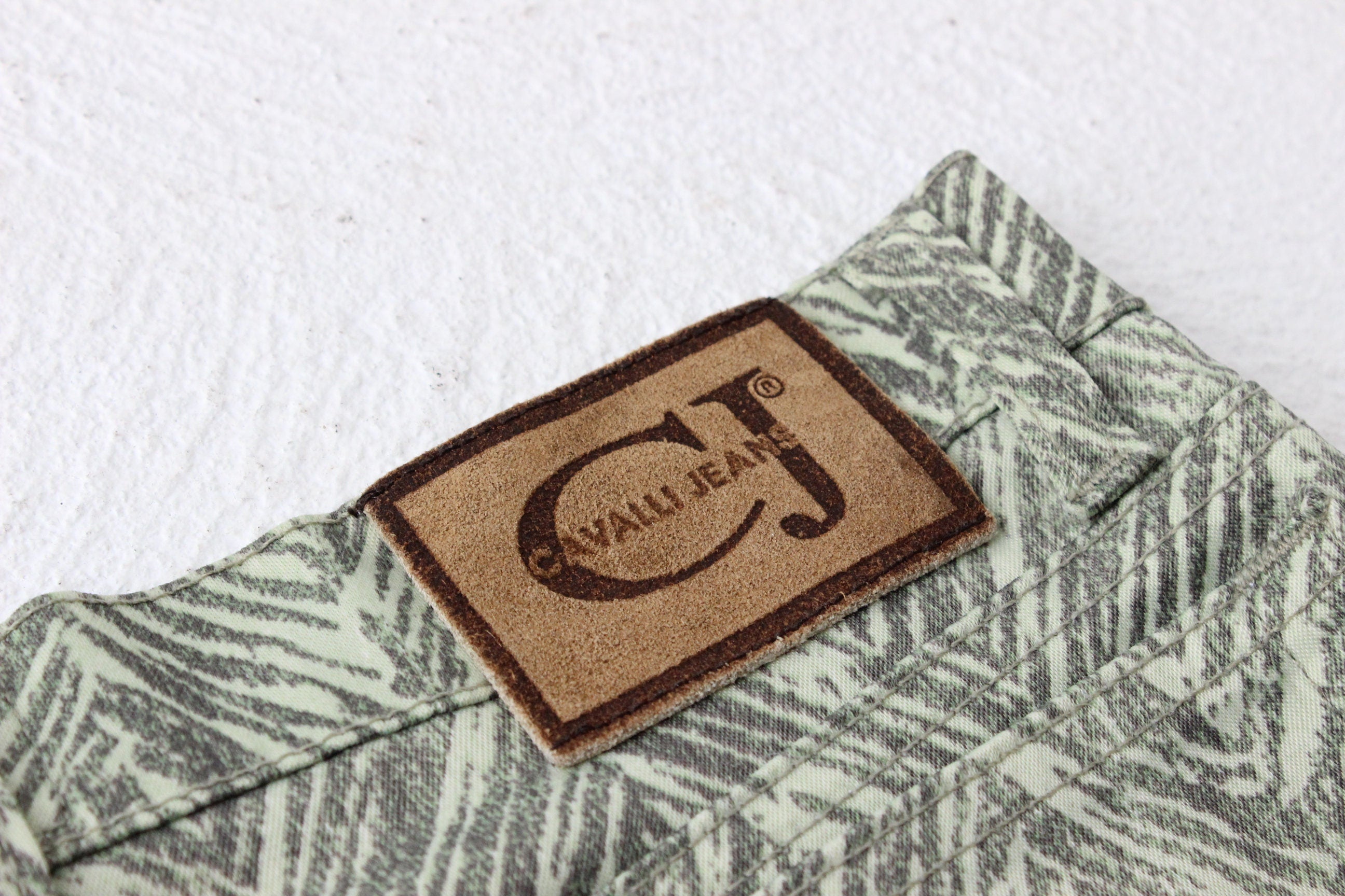 Y2K Roberto Cavalli "Cavalli Jeans" Lime Tiger Synthetic Bootcut Club Pants