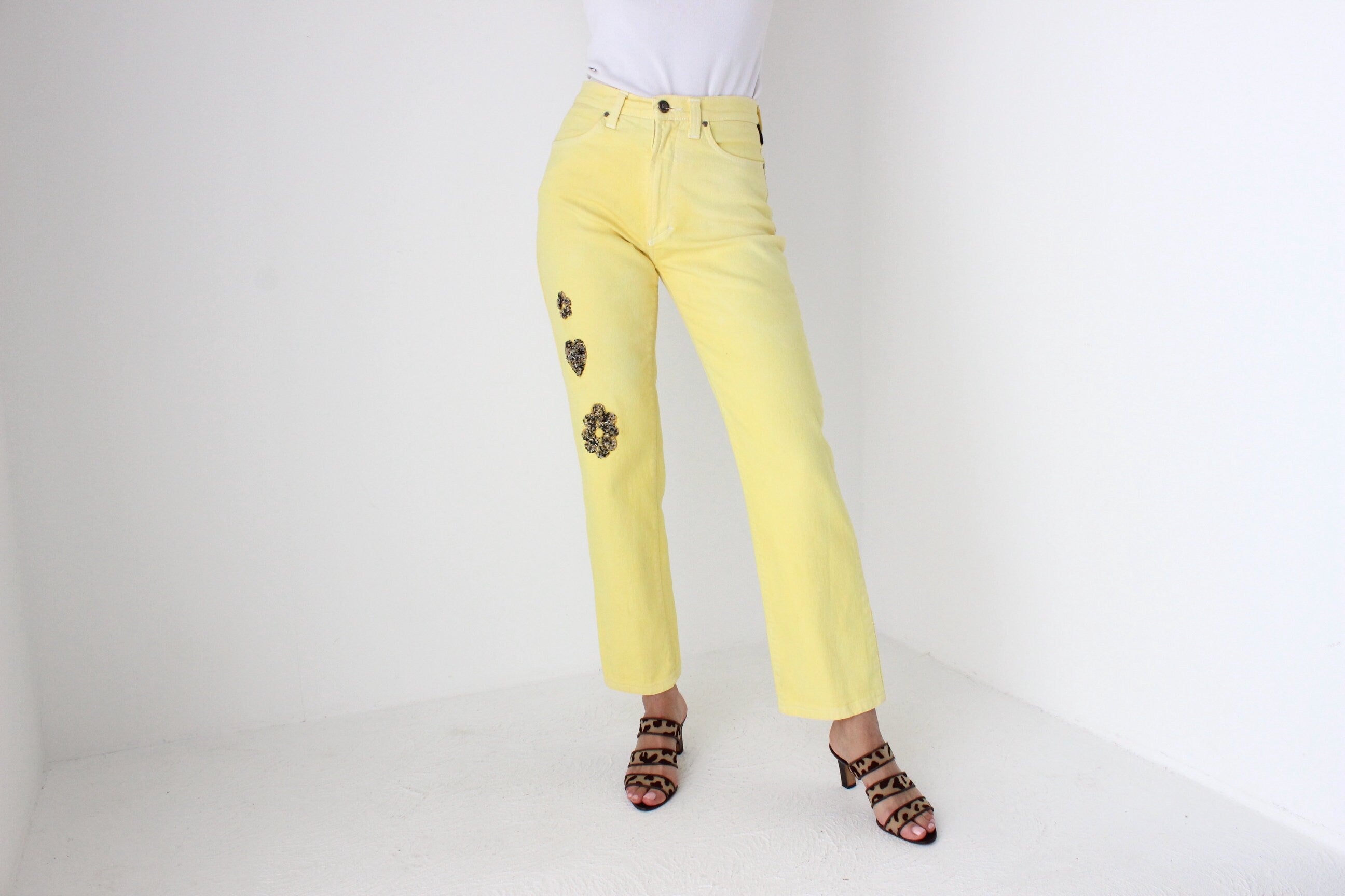 80s VERSACE Wearable Art Beaded Flower Jeans