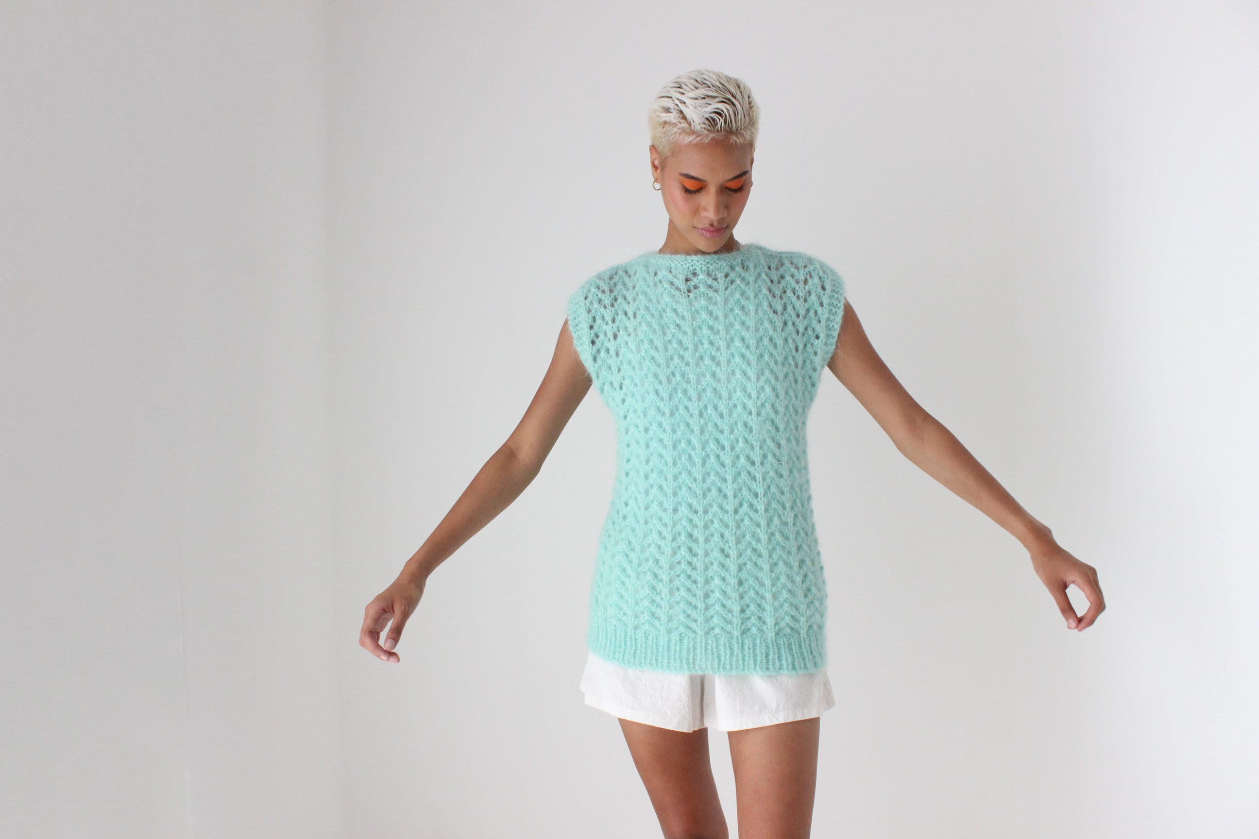 80s Pastel Hand Knit Mohair Sweater Vest Top