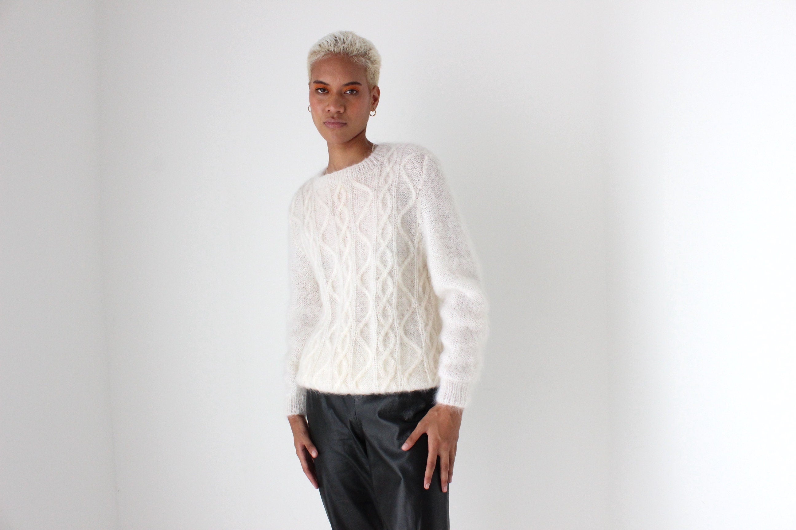 80s Ivory Mohair Hand Knit Textured Fluffy Sweater