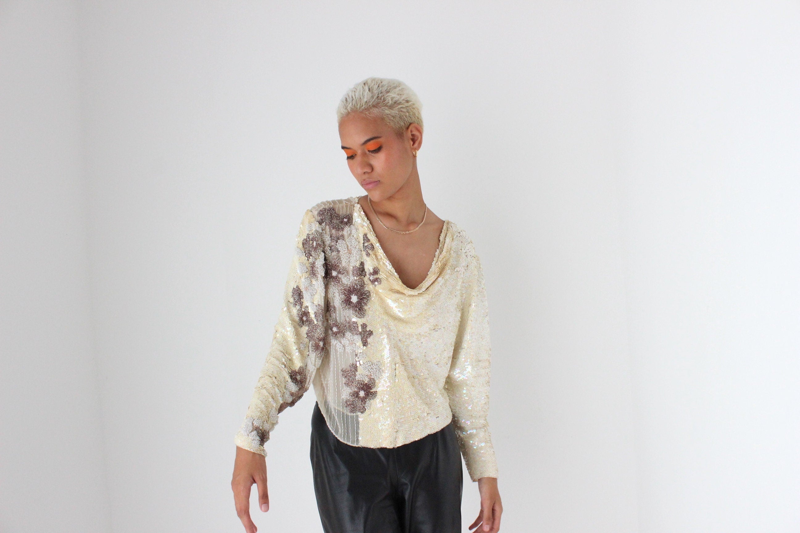 80s Intricately Hand Beaded Sequin & Silk Disco Top