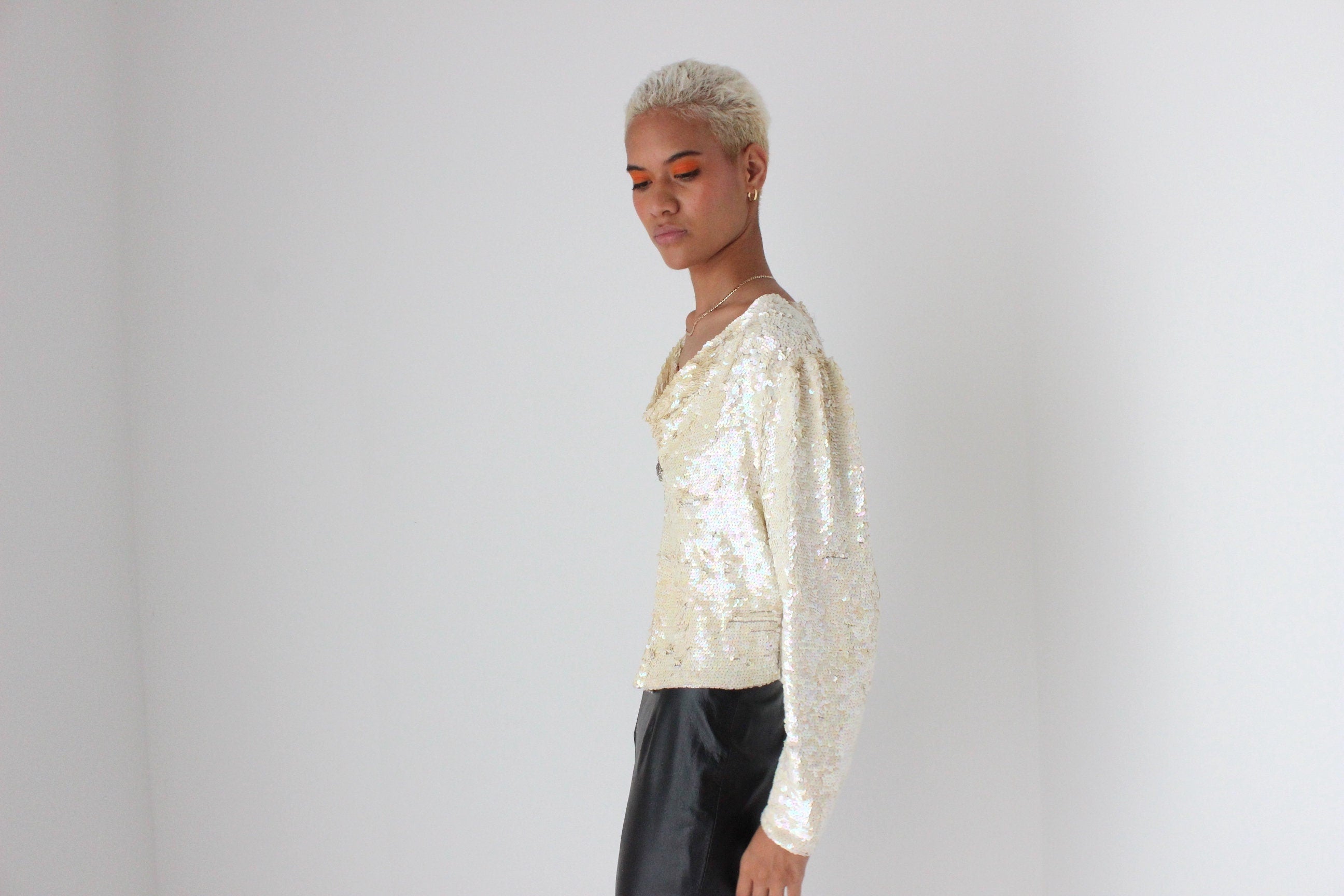 80s Intricately Hand Beaded Sequin & Silk Disco Top