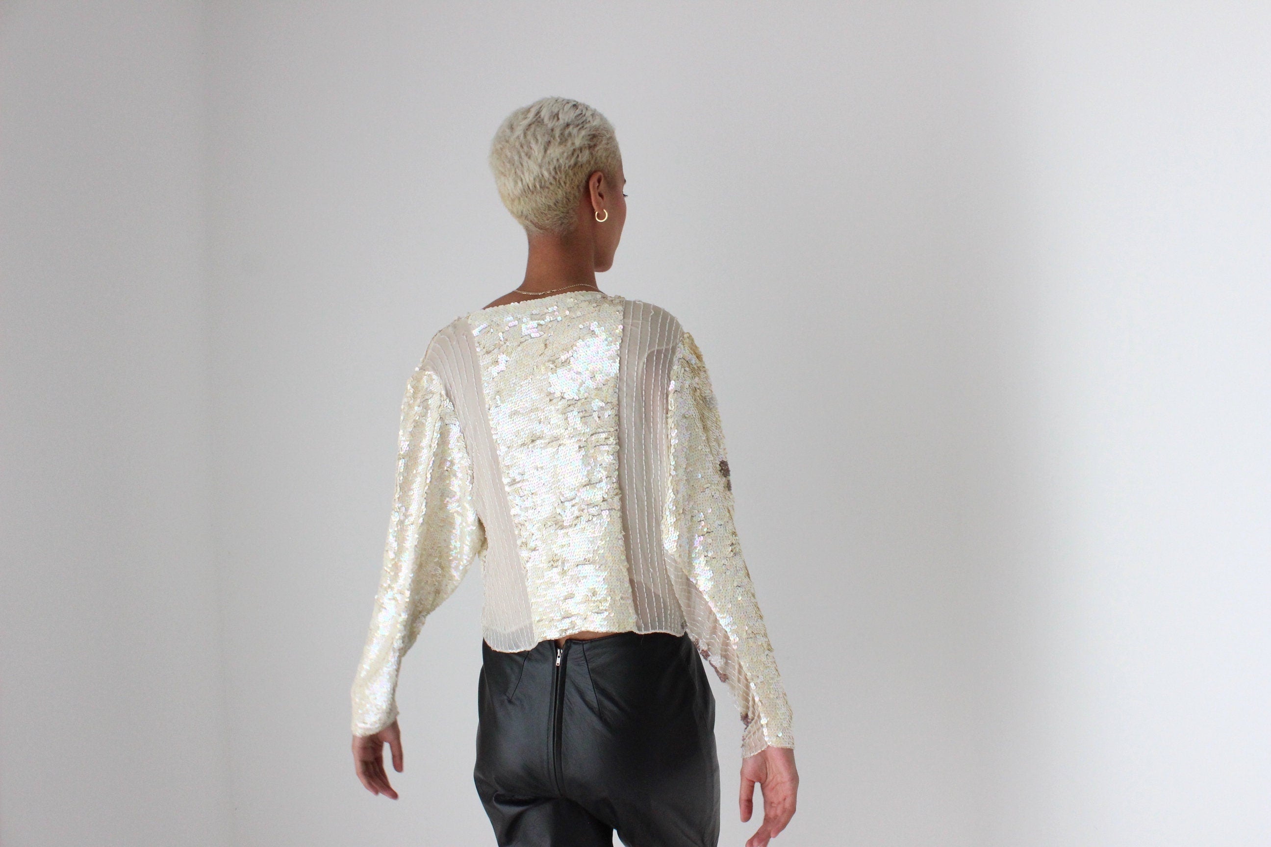 80s Intricately Hand Beaded Sequin & Silk Disco Top