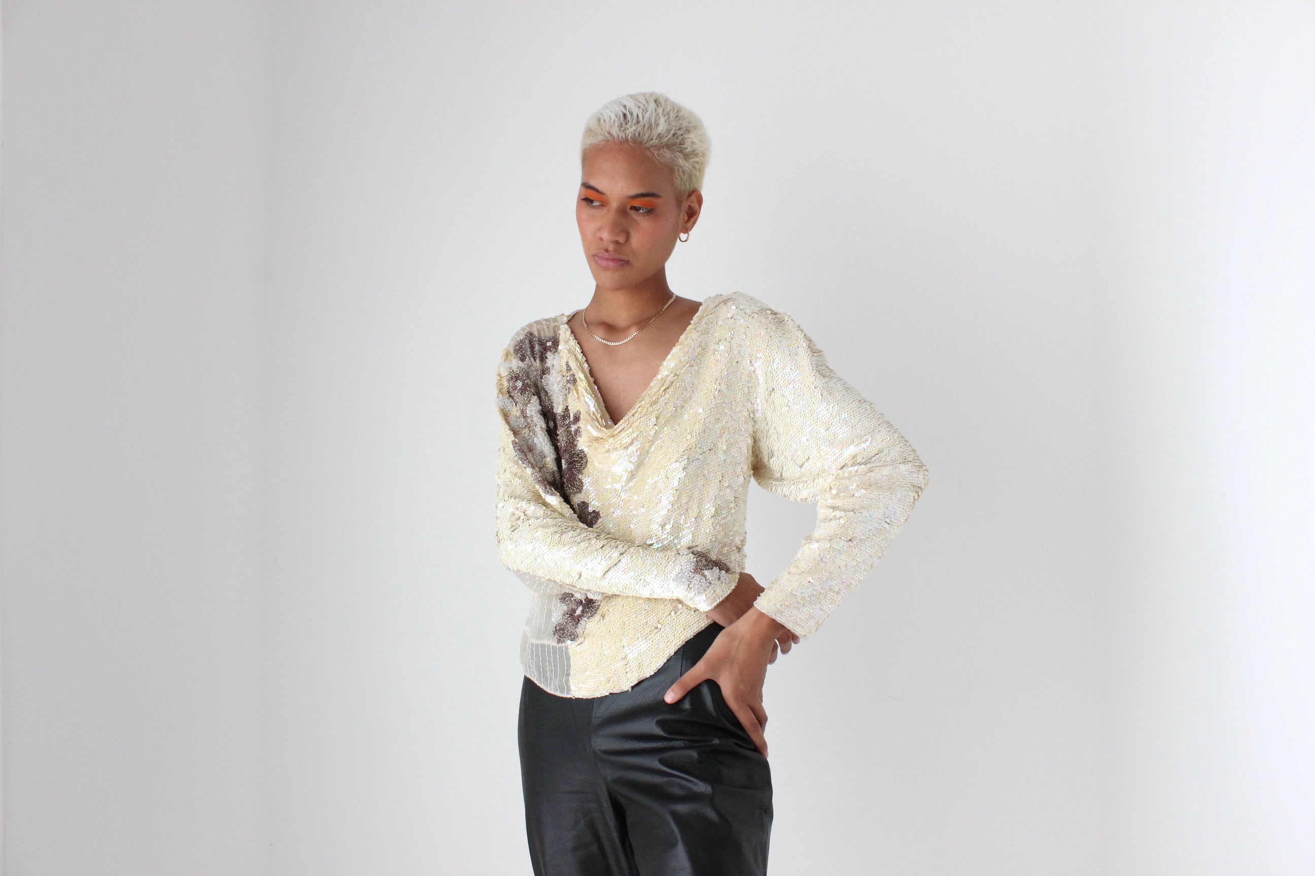 80s Intricately Hand Beaded Sequin & Silk Disco Top