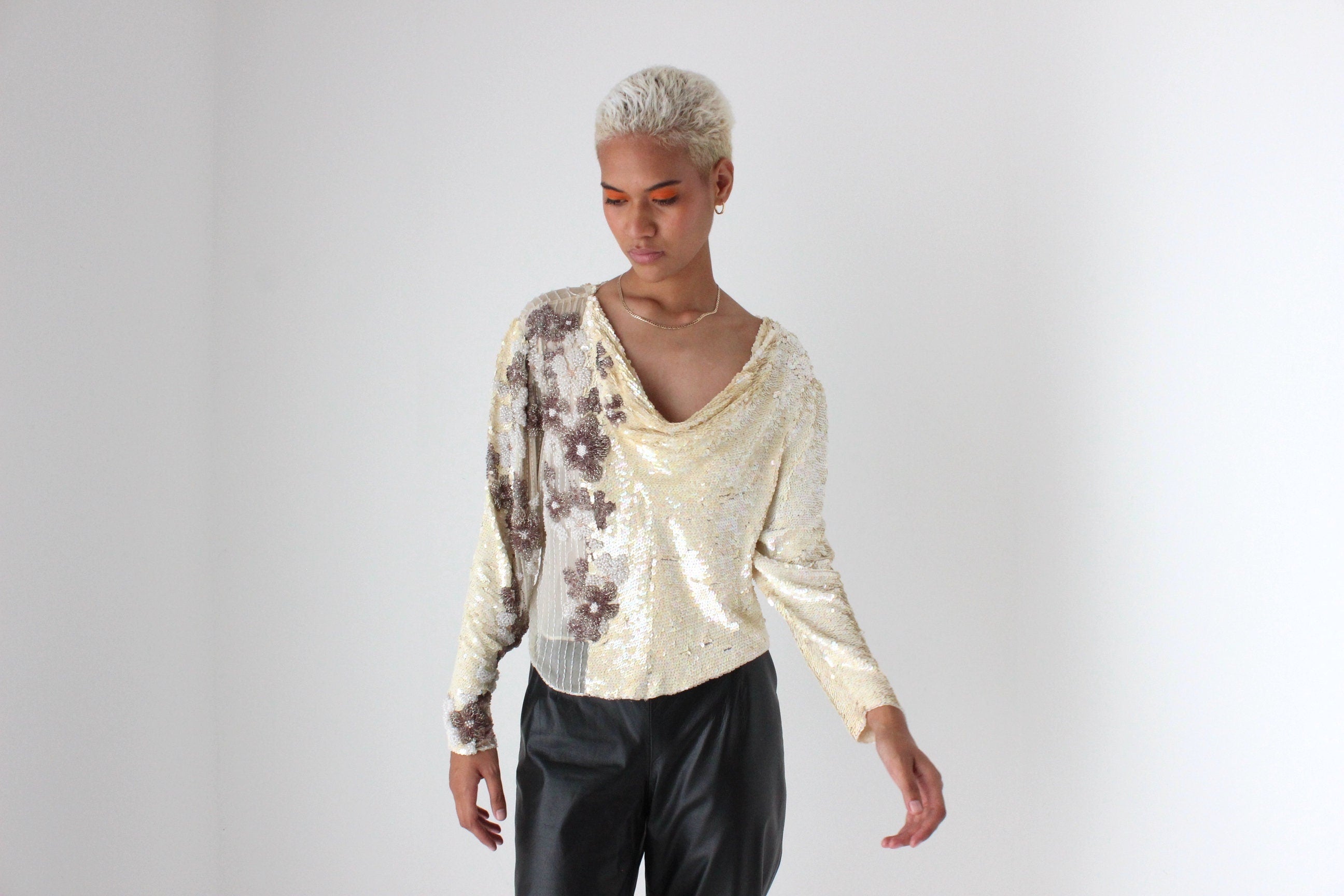 80s Intricately Hand Beaded Sequin & Silk Disco Top
