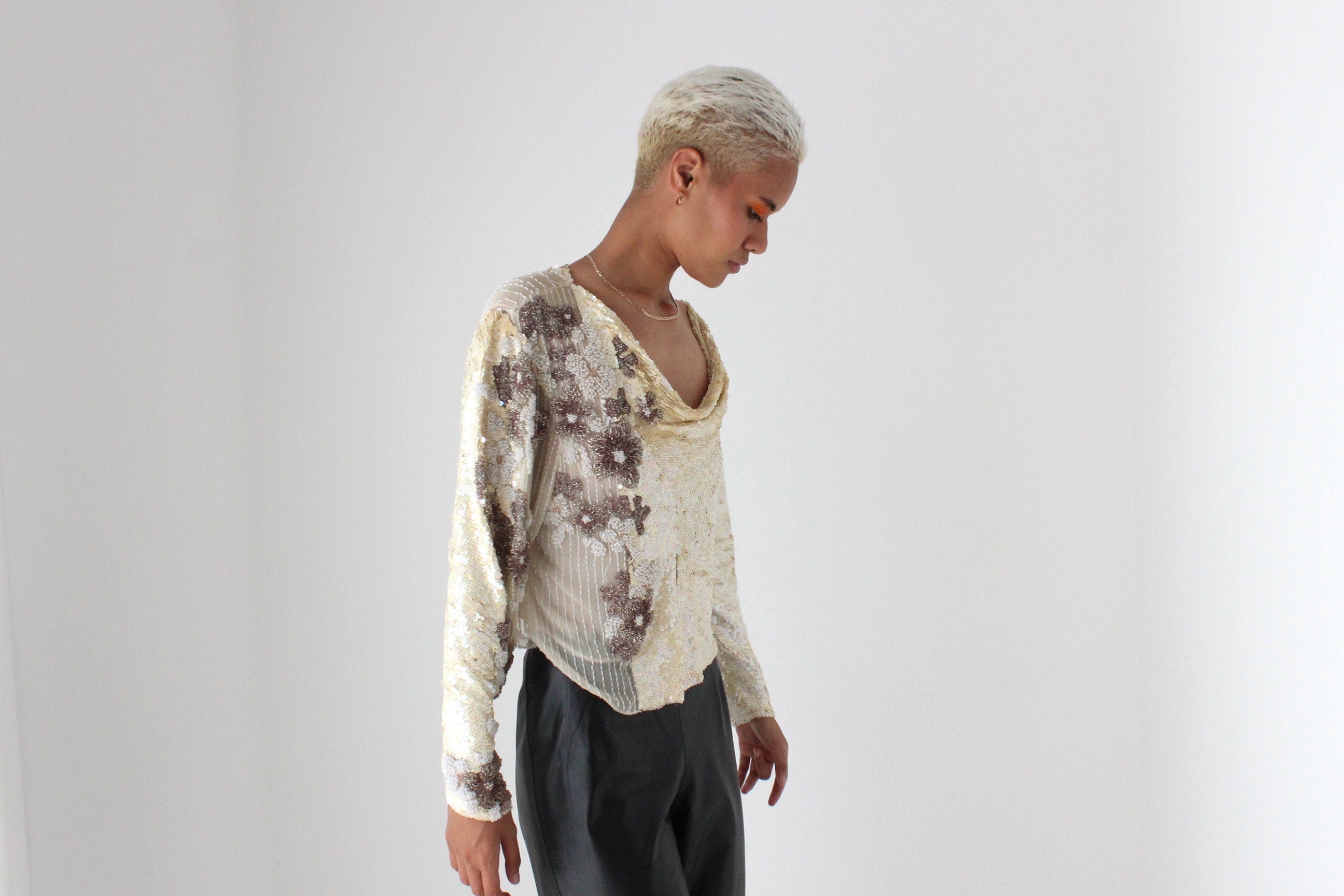 80s Intricately Hand Beaded Sequin & Silk Disco Top