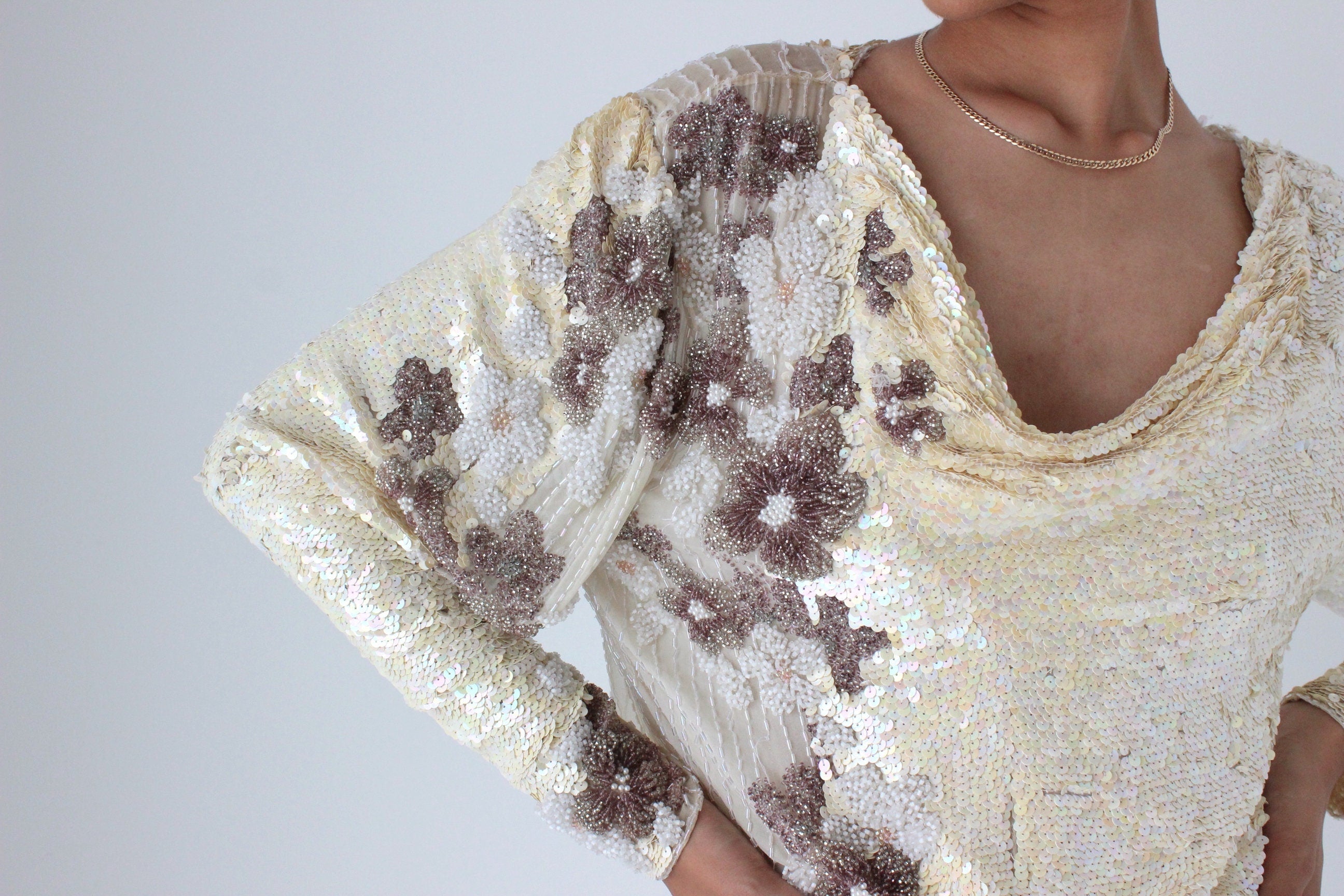 80s Intricately Hand Beaded Sequin & Silk Disco Top