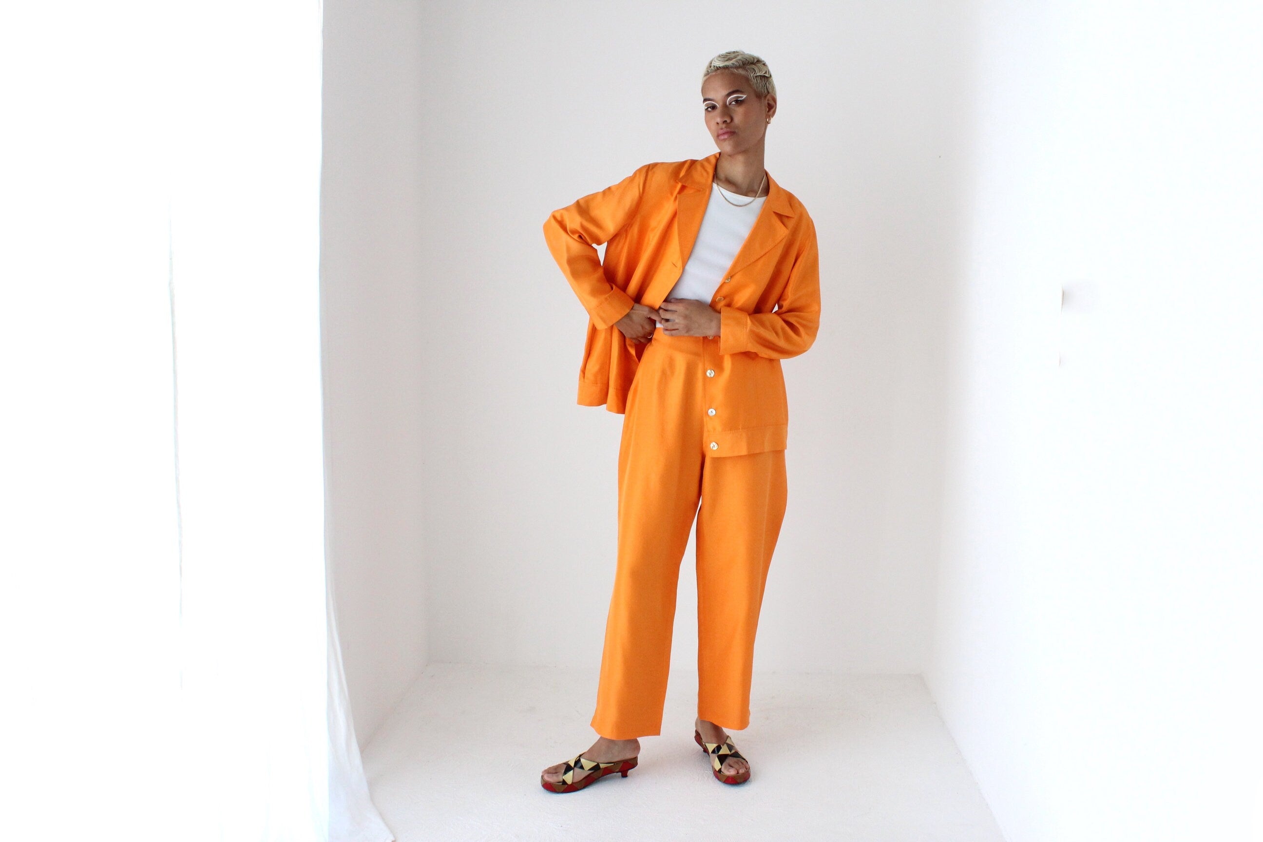 80s Vibrant Pure Silk Boxy Two Piece Cruise Suit