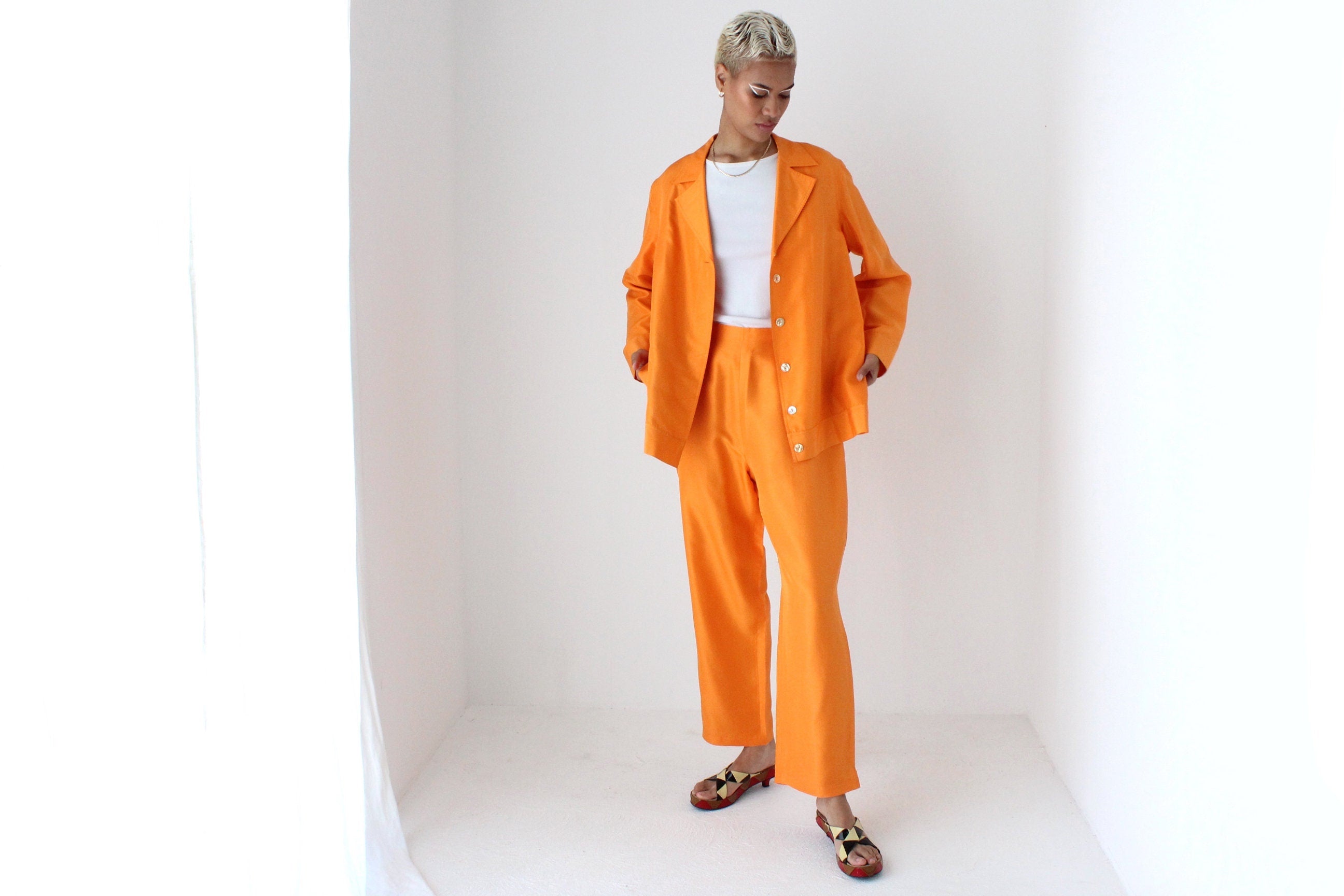 80s Vibrant Pure Silk Boxy Two Piece Cruise Suit
