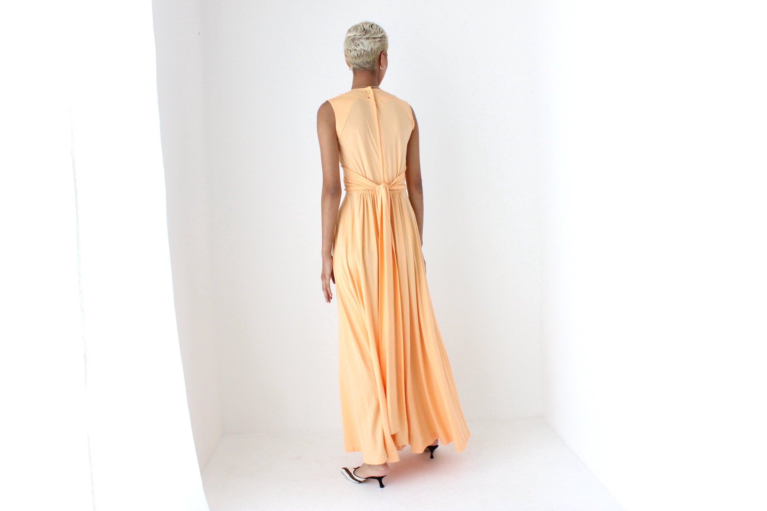 70s Sweeping Peach Jersey Disco Gown