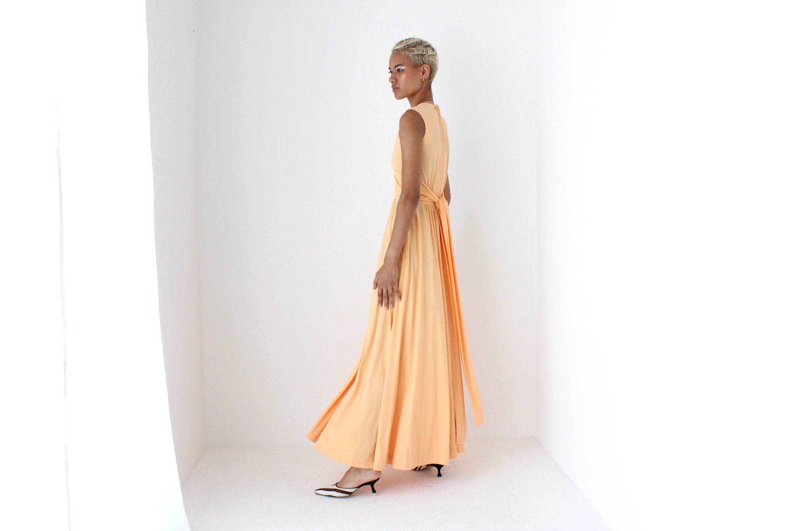 70s Sweeping Peach Jersey Disco Gown