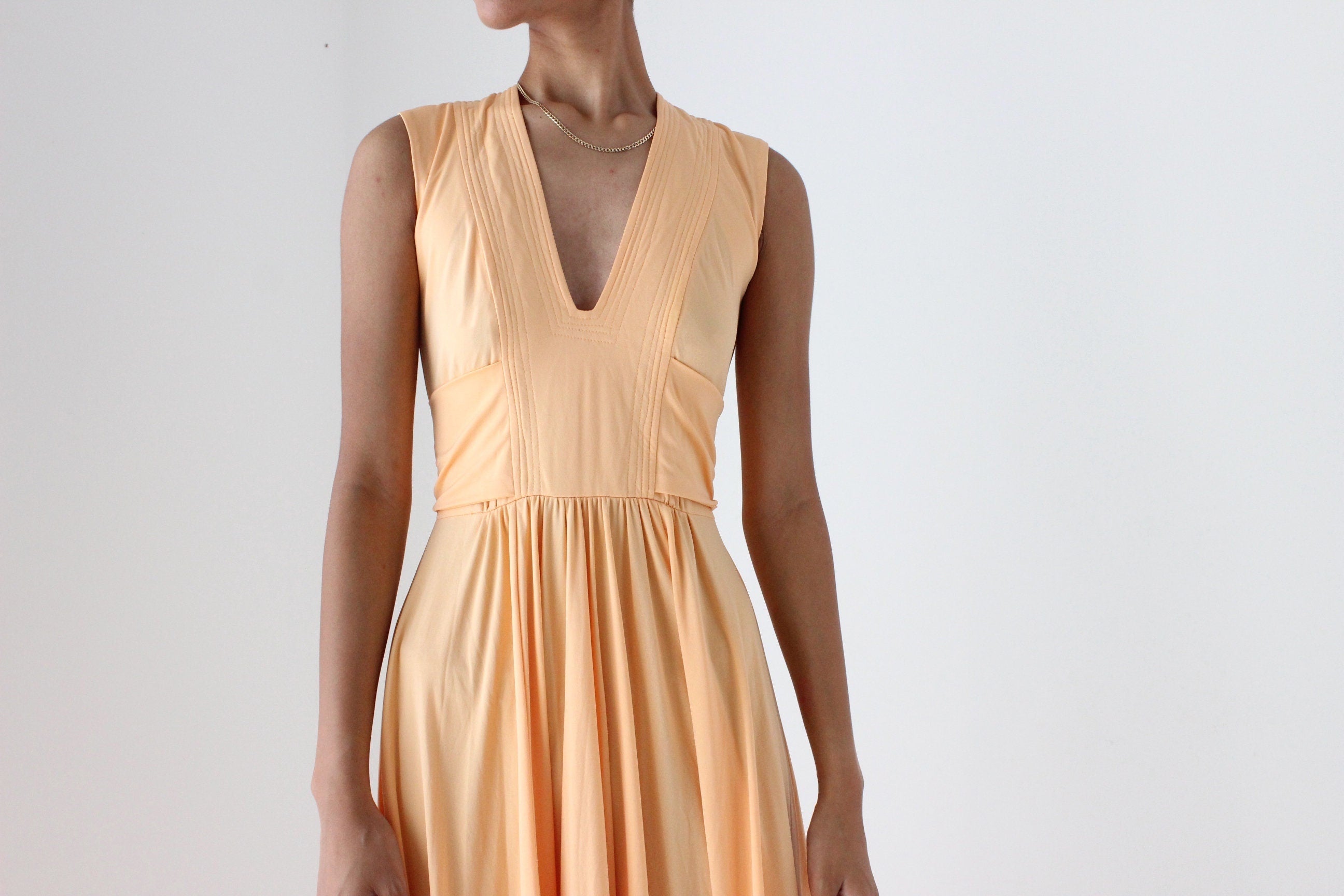 70s Sweeping Peach Jersey Disco Gown