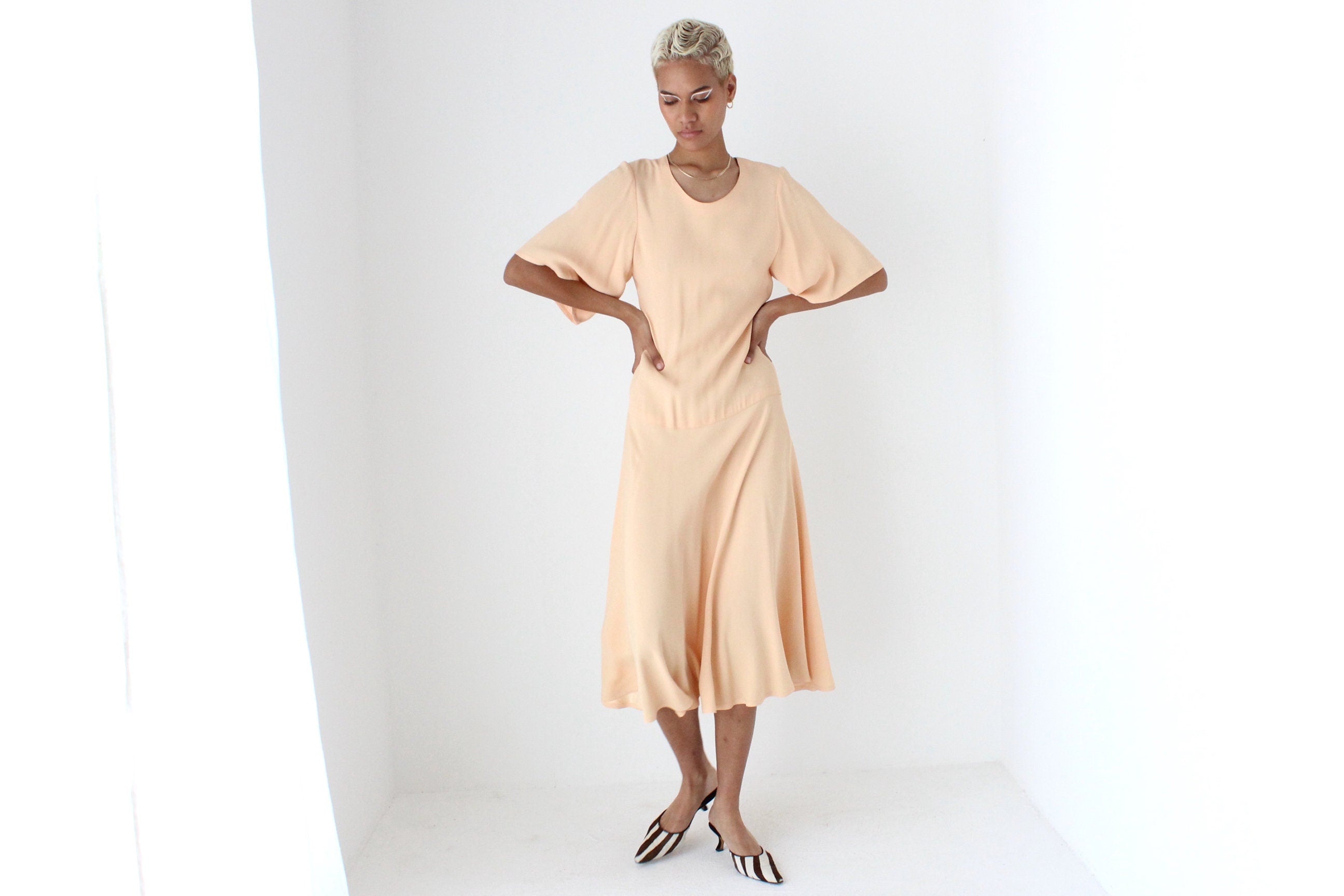 80s Sonia Rykiel Paris Pastel Peach Flutter Sleeve Dress
