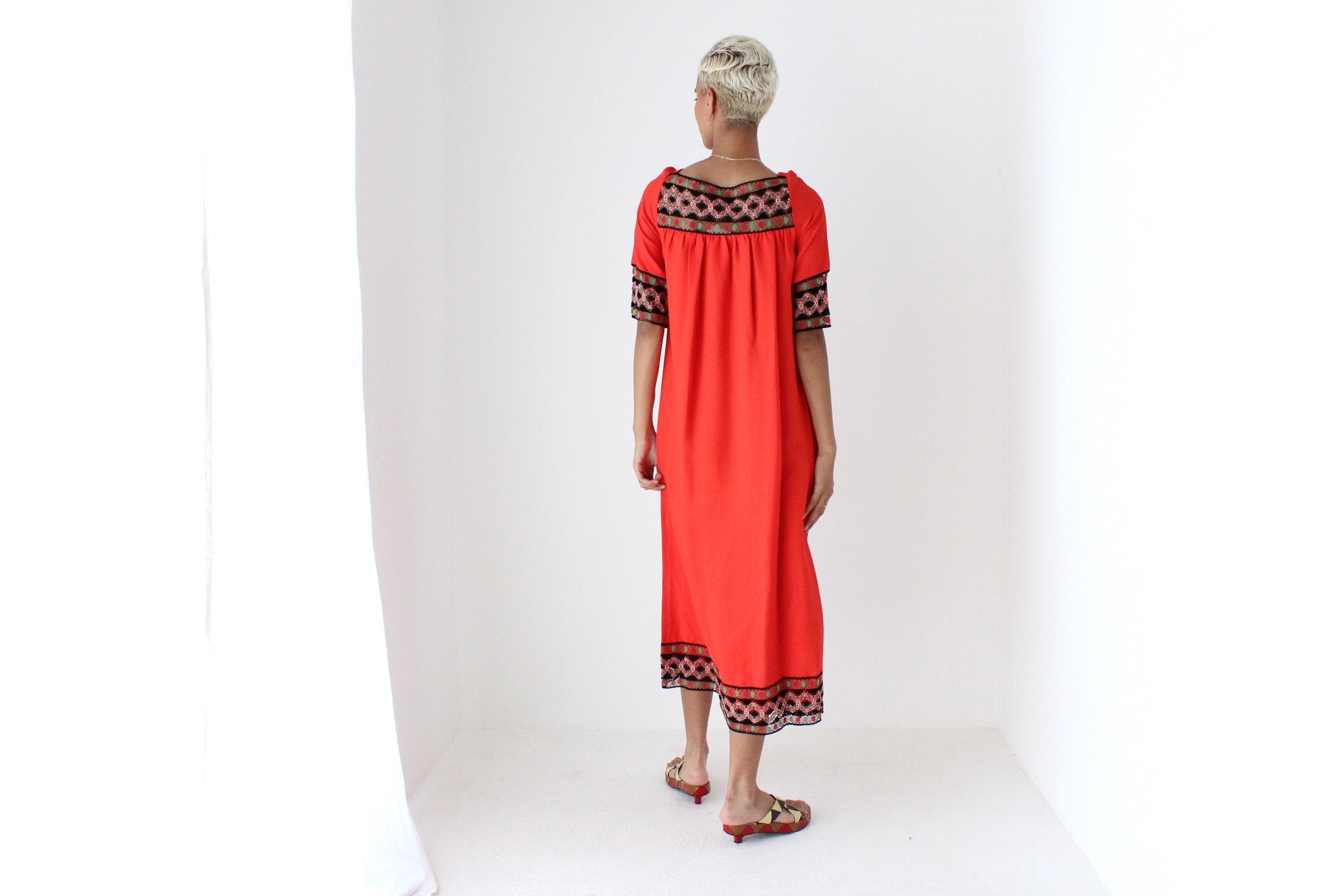Vintage 70s Intricate Folk Embroidered Coral Red Crepe Smock