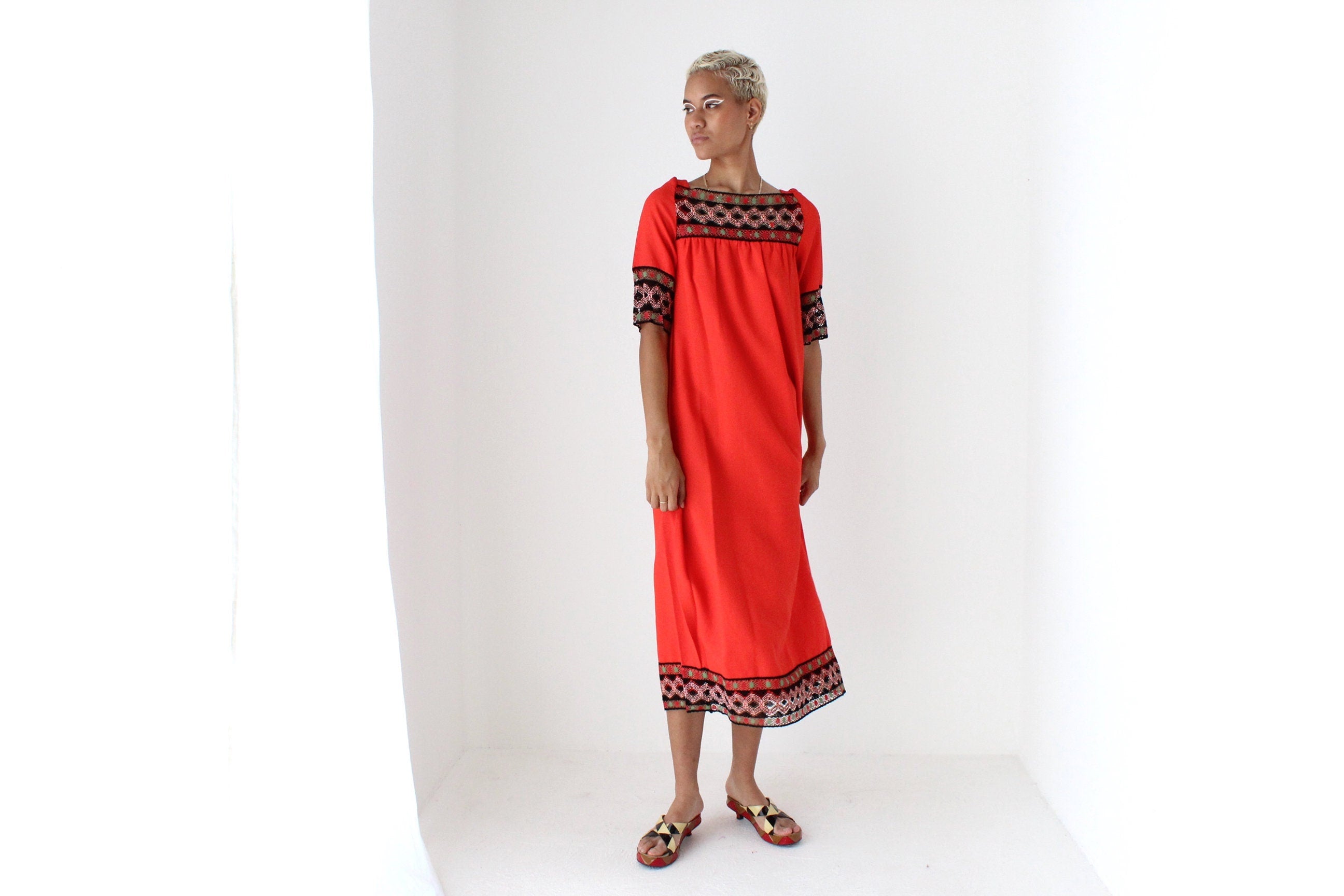 Vintage 70s Intricate Folk Embroidered Coral Red Crepe Smock