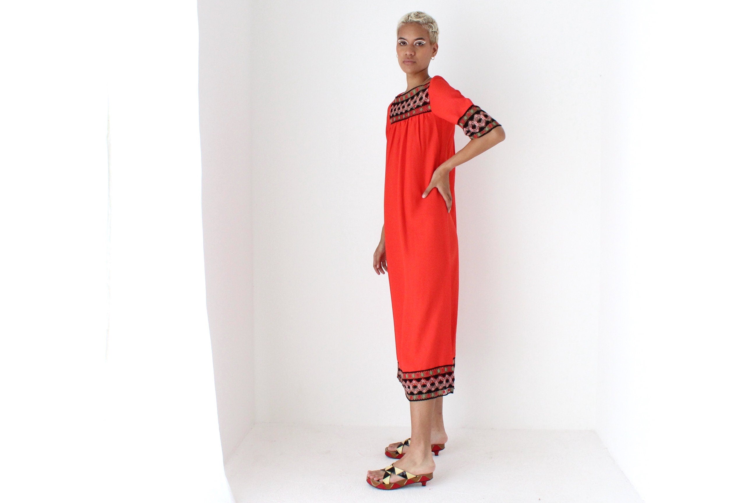 Vintage 70s Intricate Folk Embroidered Coral Red Crepe Smock