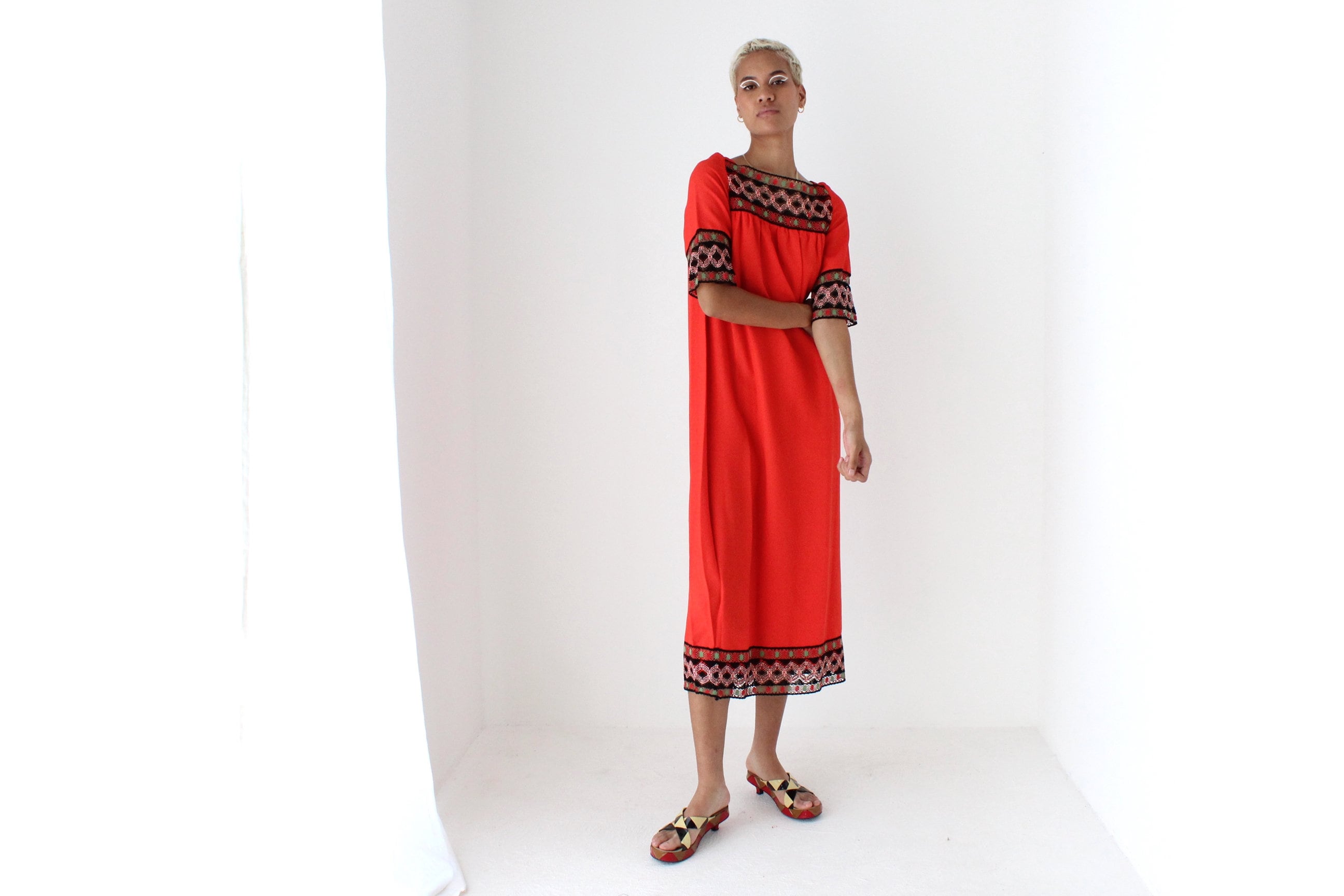 Vintage 70s Intricate Folk Embroidered Coral Red Crepe Smock