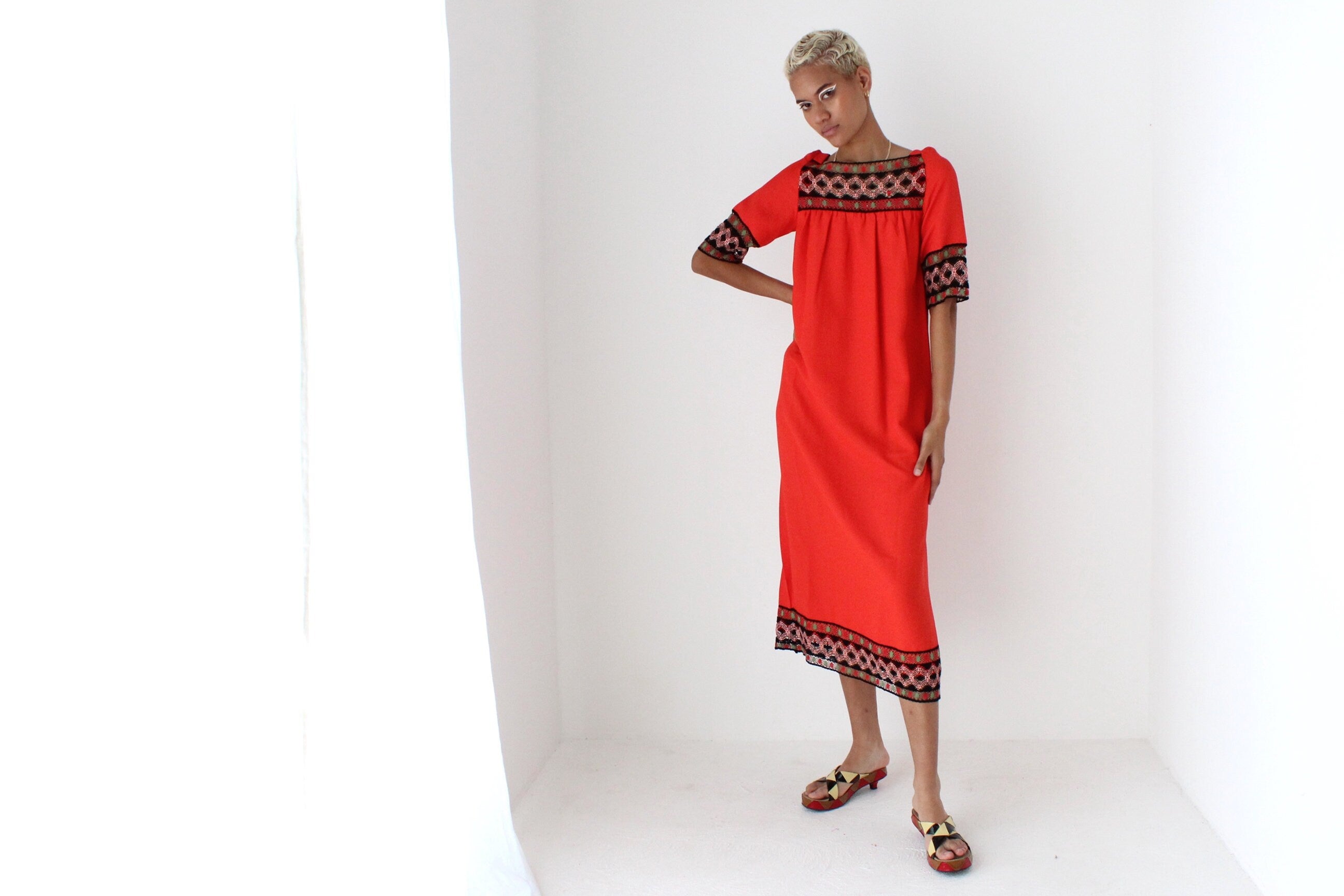 Vintage 70s Intricate Folk Embroidered Coral Red Crepe Smock