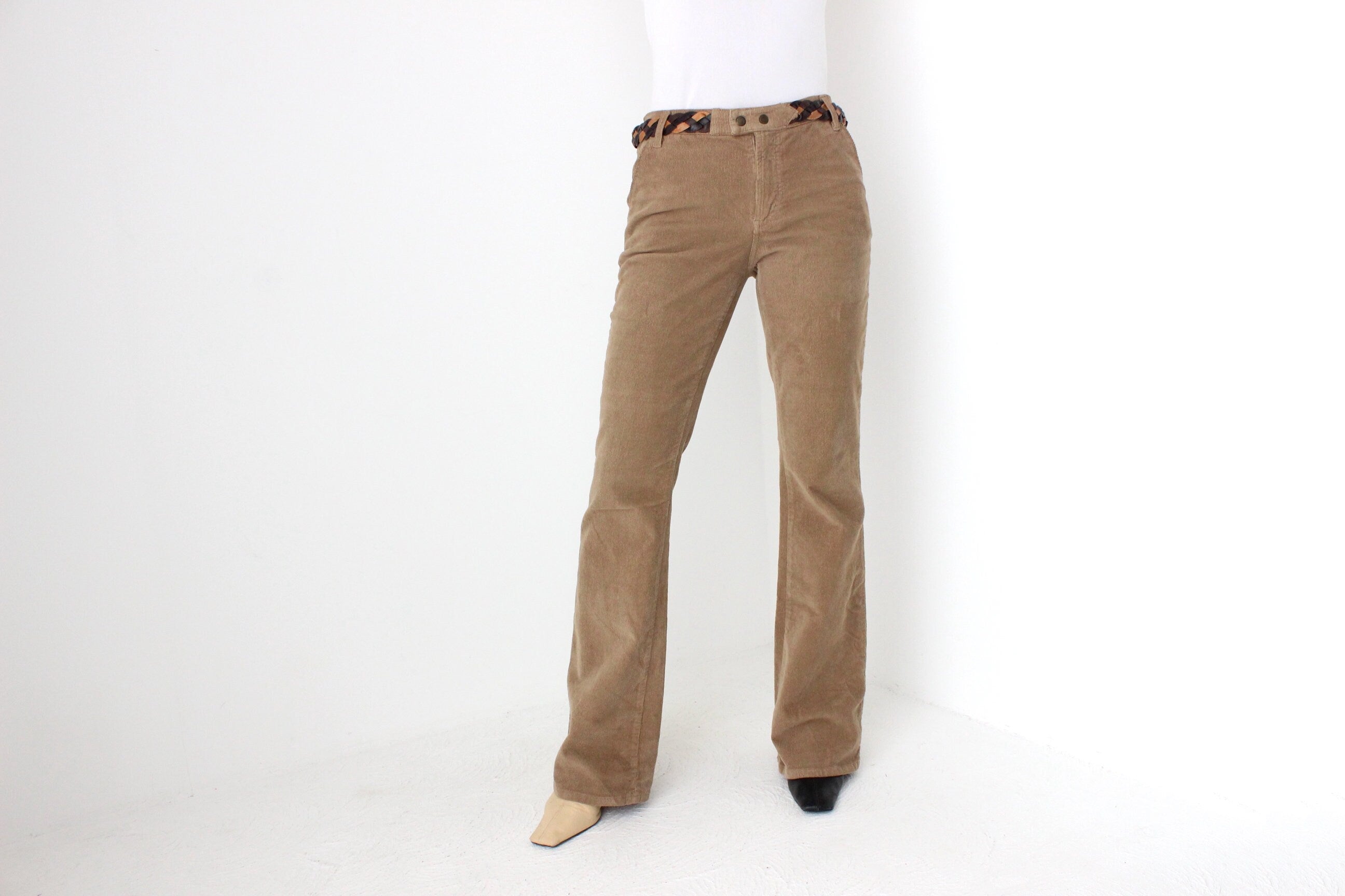 D&G Dolce and Gabbana Y2K Caramel Corduroy Flared Jeans w/ Woven Leather Belt