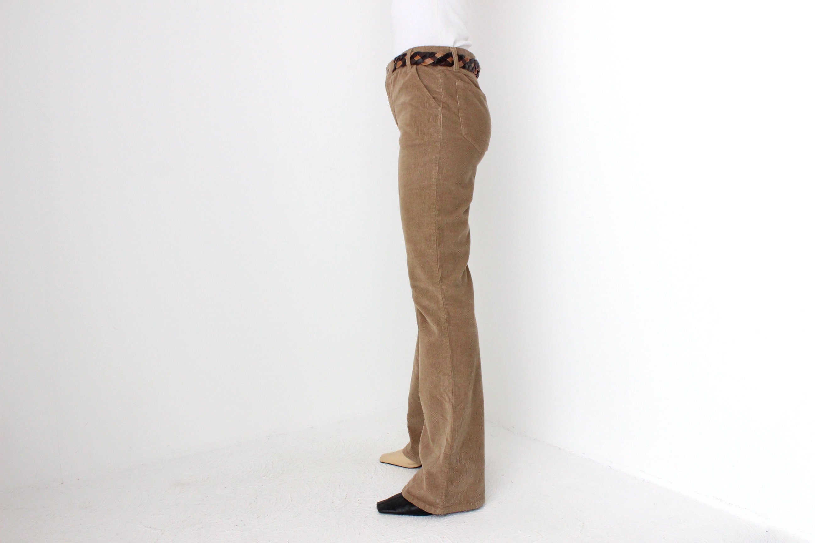 D&G Dolce and Gabbana Y2K Caramel Corduroy Flared Jeans w/ Woven Leather Belt