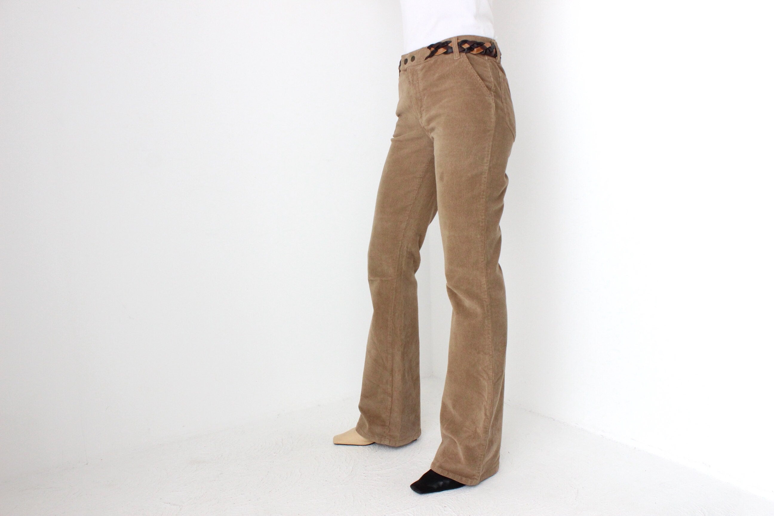 D&G Dolce and Gabbana Y2K Caramel Corduroy Flared Jeans w/ Woven Leather Belt