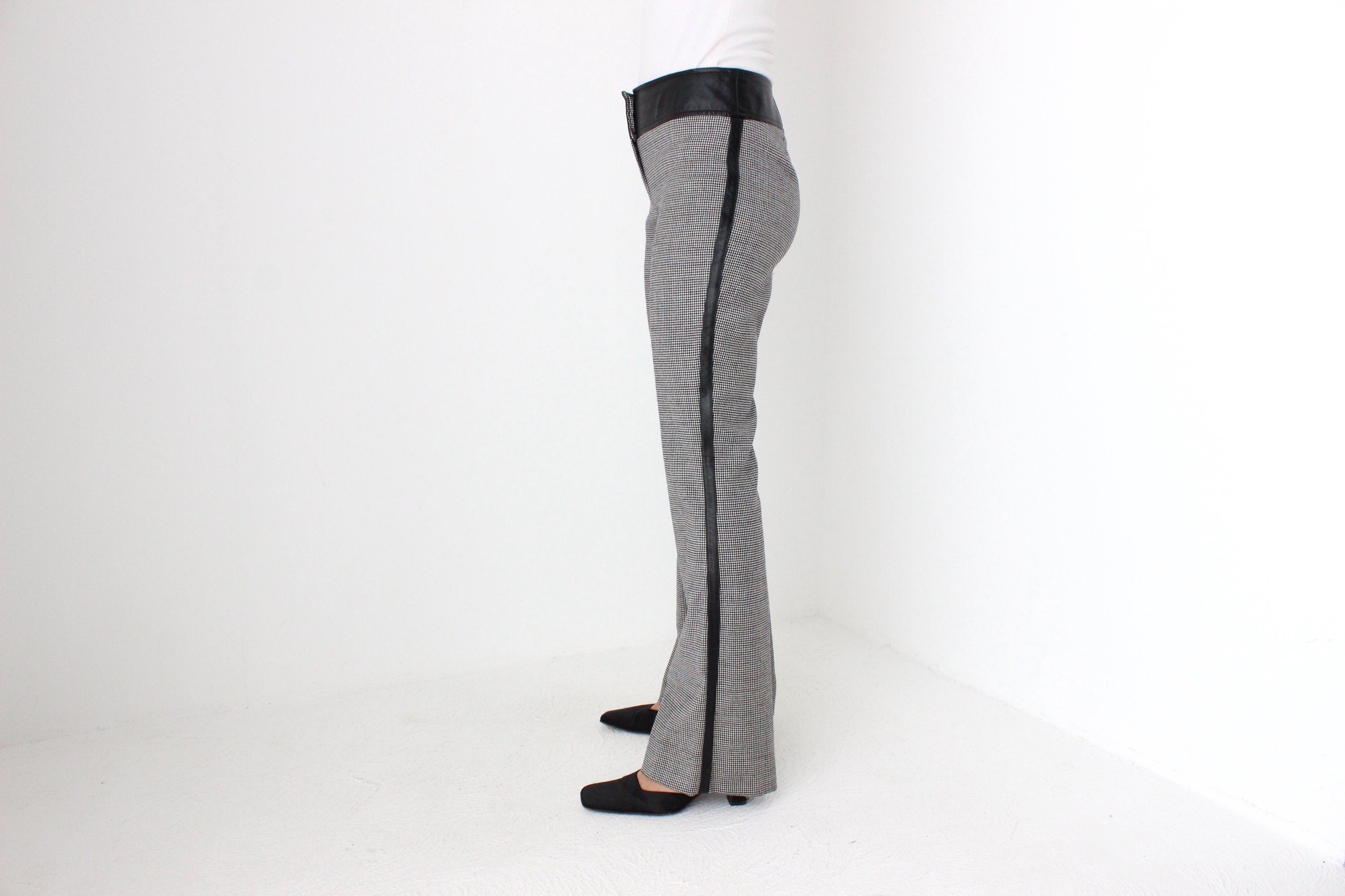Y2K D&G Wool Houndstooth + Leather Low Rise Bootcut Flares