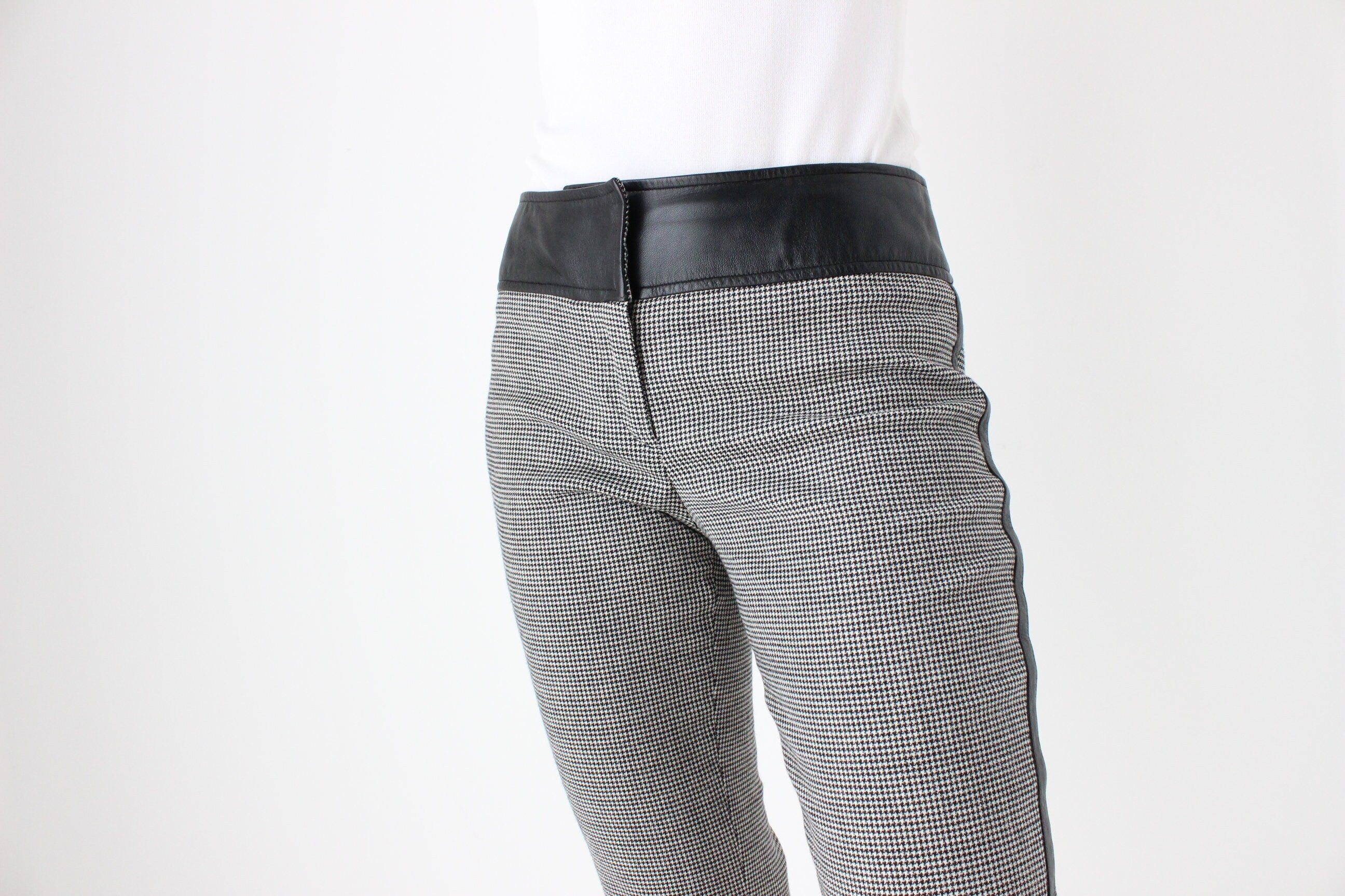 Y2K D&G Wool Houndstooth + Leather Low Rise Bootcut Flares